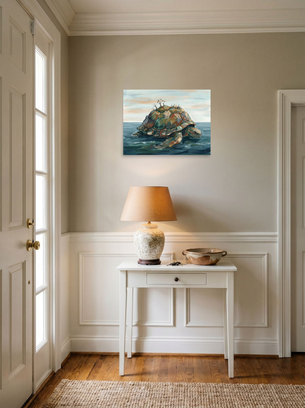 A 24x18 inch unframed paper Impressionism print of 'The World Bearer', set against a bright entryway wall.