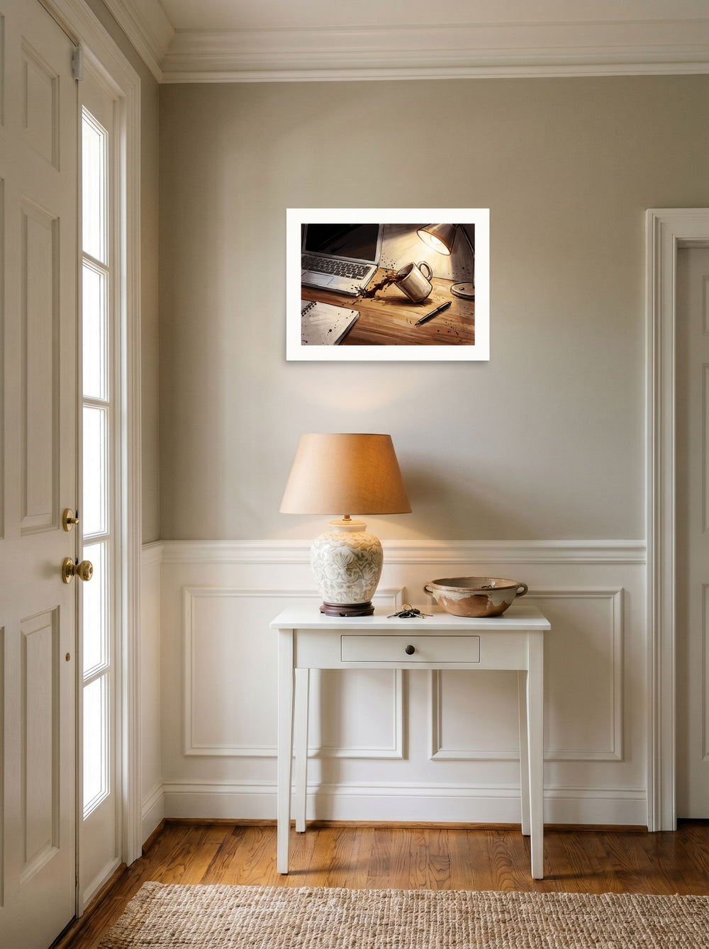 The Digital art print 'The Coffee Spill', 24x18 inch unframed paper, set against a bright entryway wall.