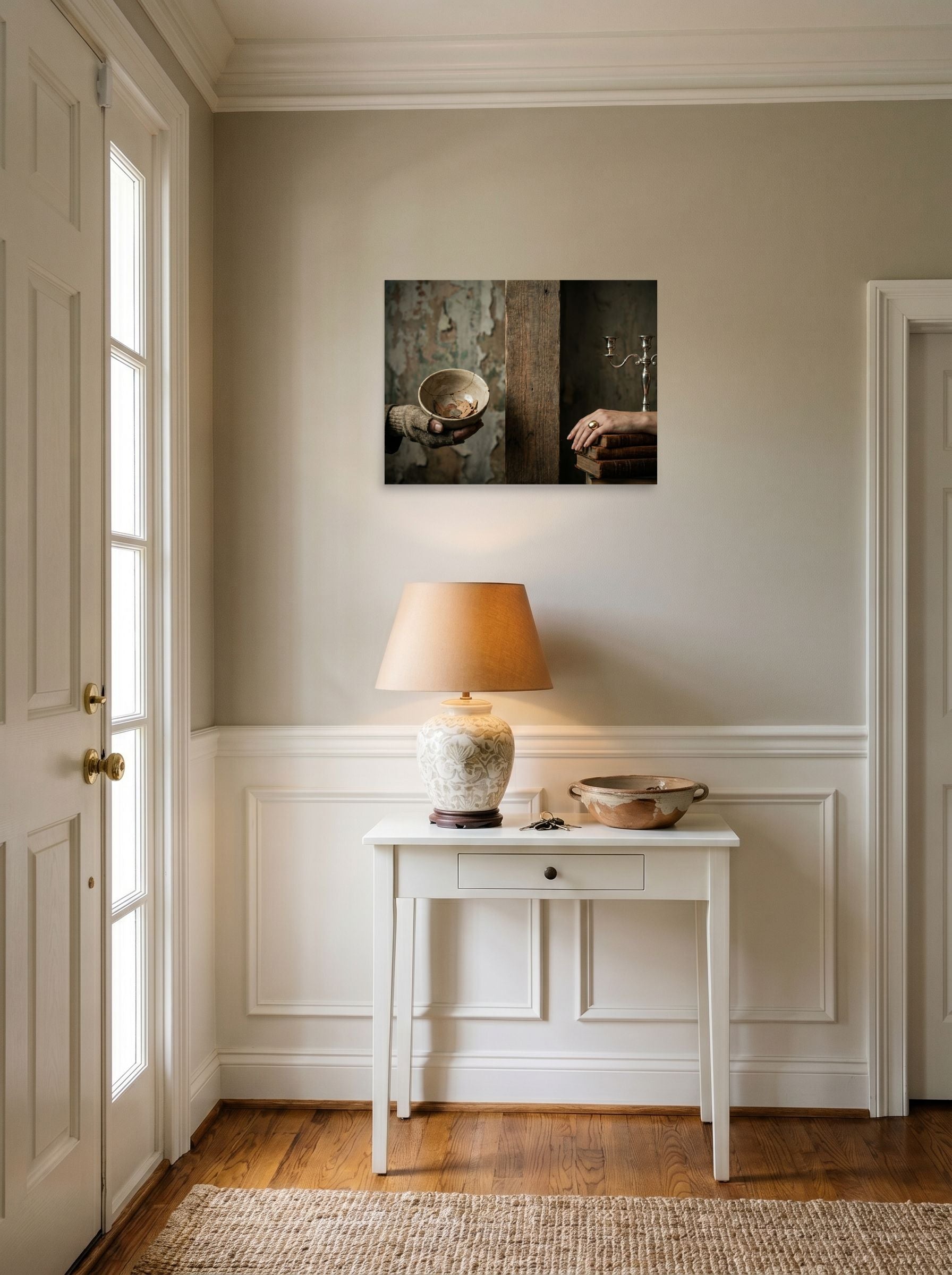 A 24x18 inch unframed paper Art photography print of 'The Divide' hanging in an entryway near a console.