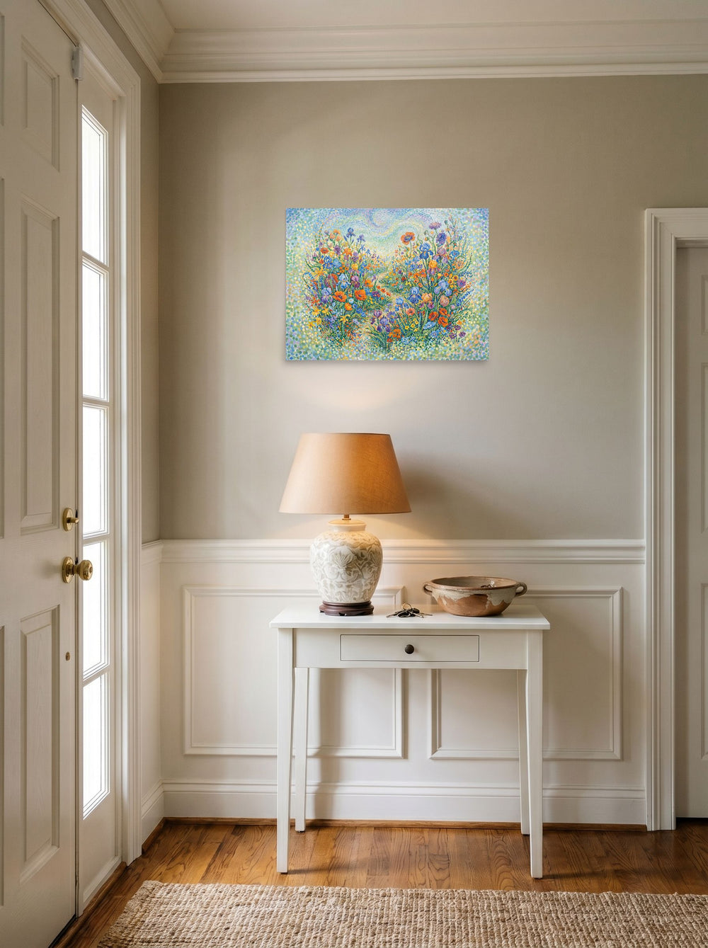 Mockup of 'Wildflower Symphony' as a 24x18 inch unframed paper print, styled above a console table in an entryway.
