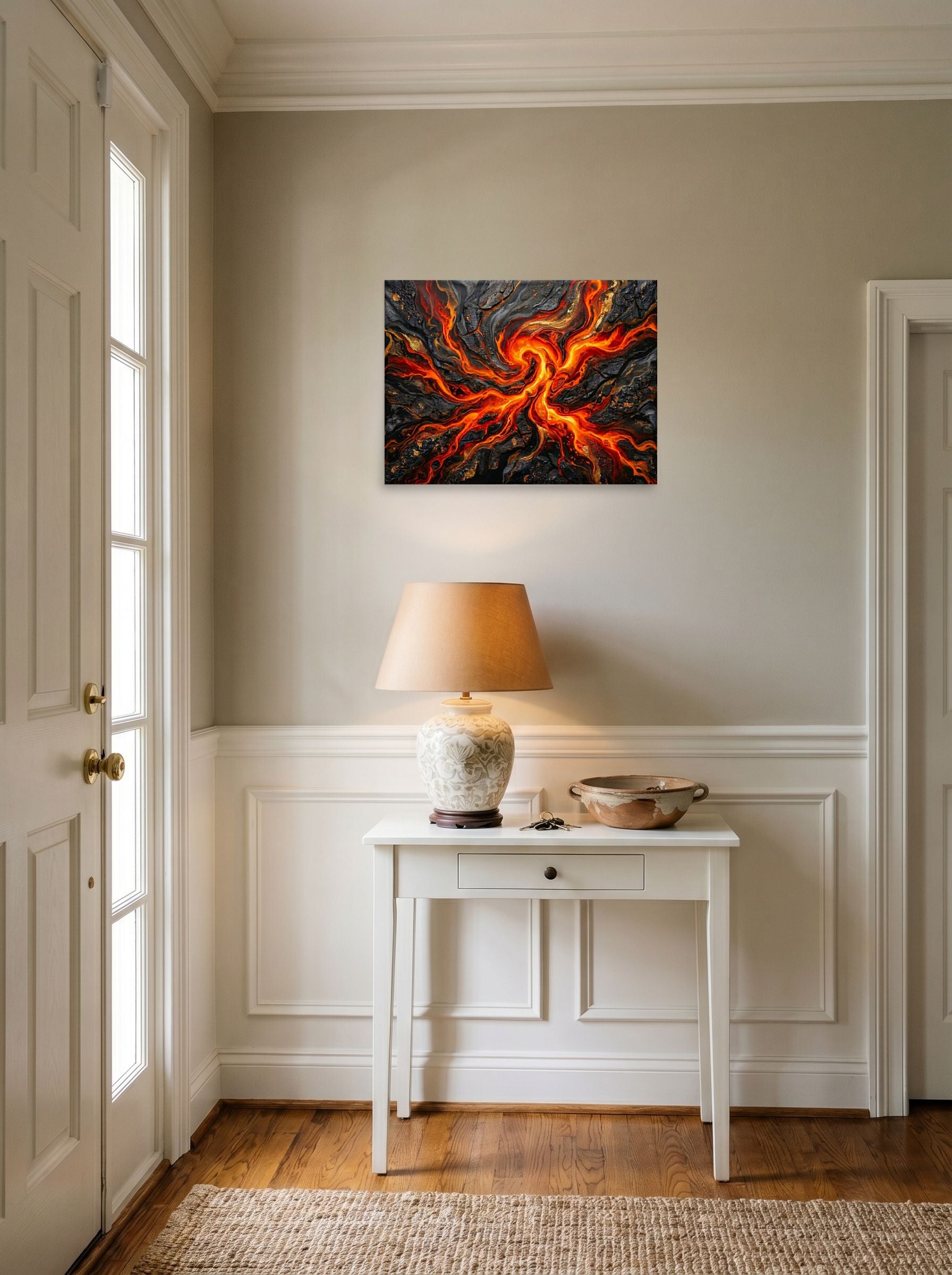 A 24x18 inch unframed paper Abstract art print of 'Molten Core' hanging in an entryway near a console.