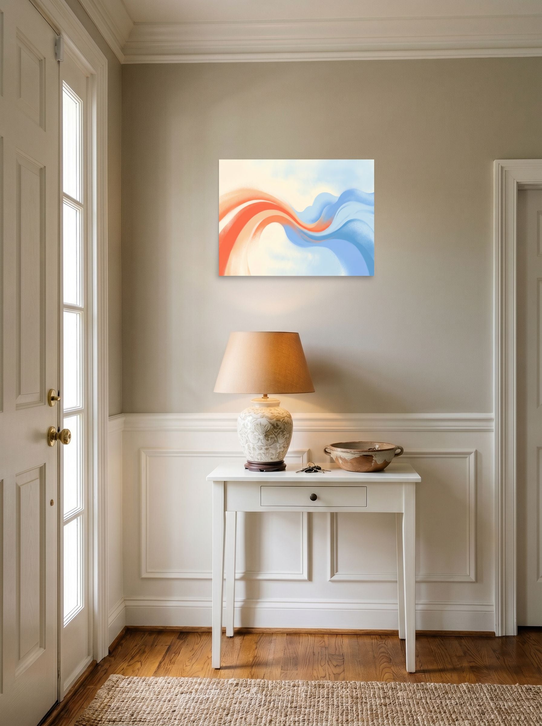 A 24x18 inch unframed paper Abstract art print of 'Soft Serenade' hanging in an entryway near a console.