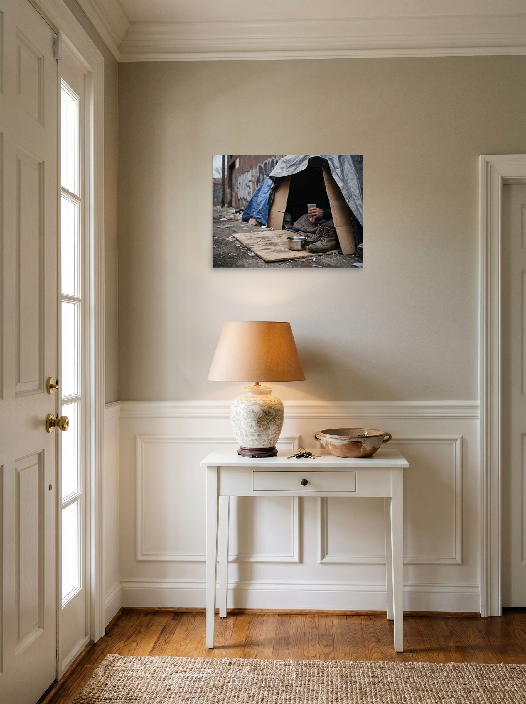 A 24x18 inch unframed paper Art photography print of 'Urban Realities' hanging in an entryway near a console.