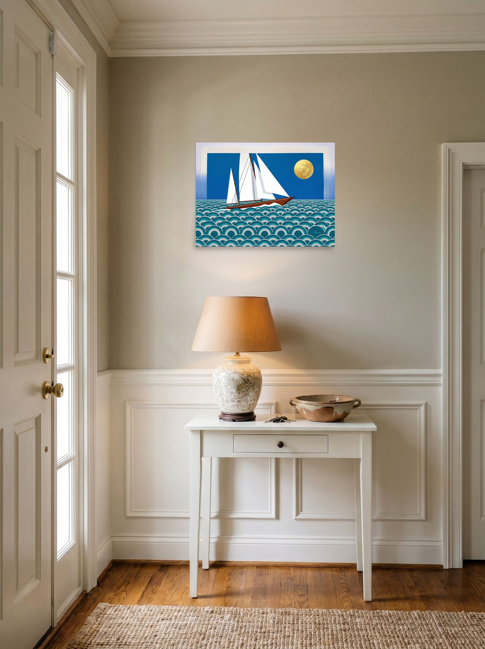 A 24x18 inch unframed paper Art Deco print of 'The Deco Voyage' hanging in an entryway near a console.