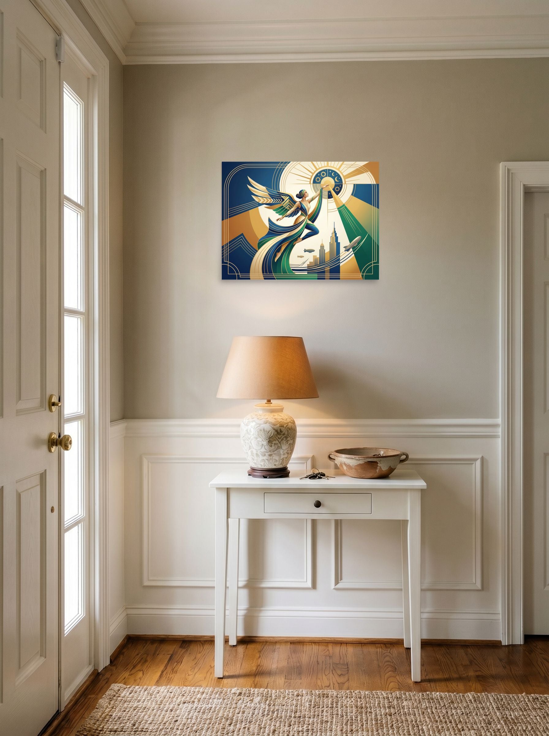 A 24x18 inch unframed paper Art Deco print of 'Celestial Flight' hanging in an entryway near a console.