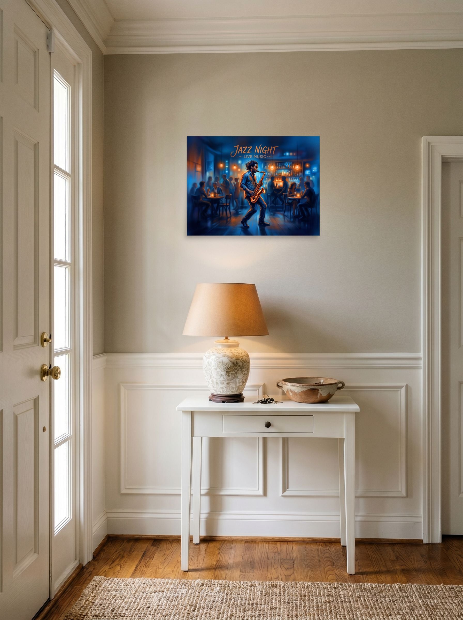 A 24x18 inch unframed paper Modernism print of 'Midnight Jazz Session' hanging in an entryway near a console.