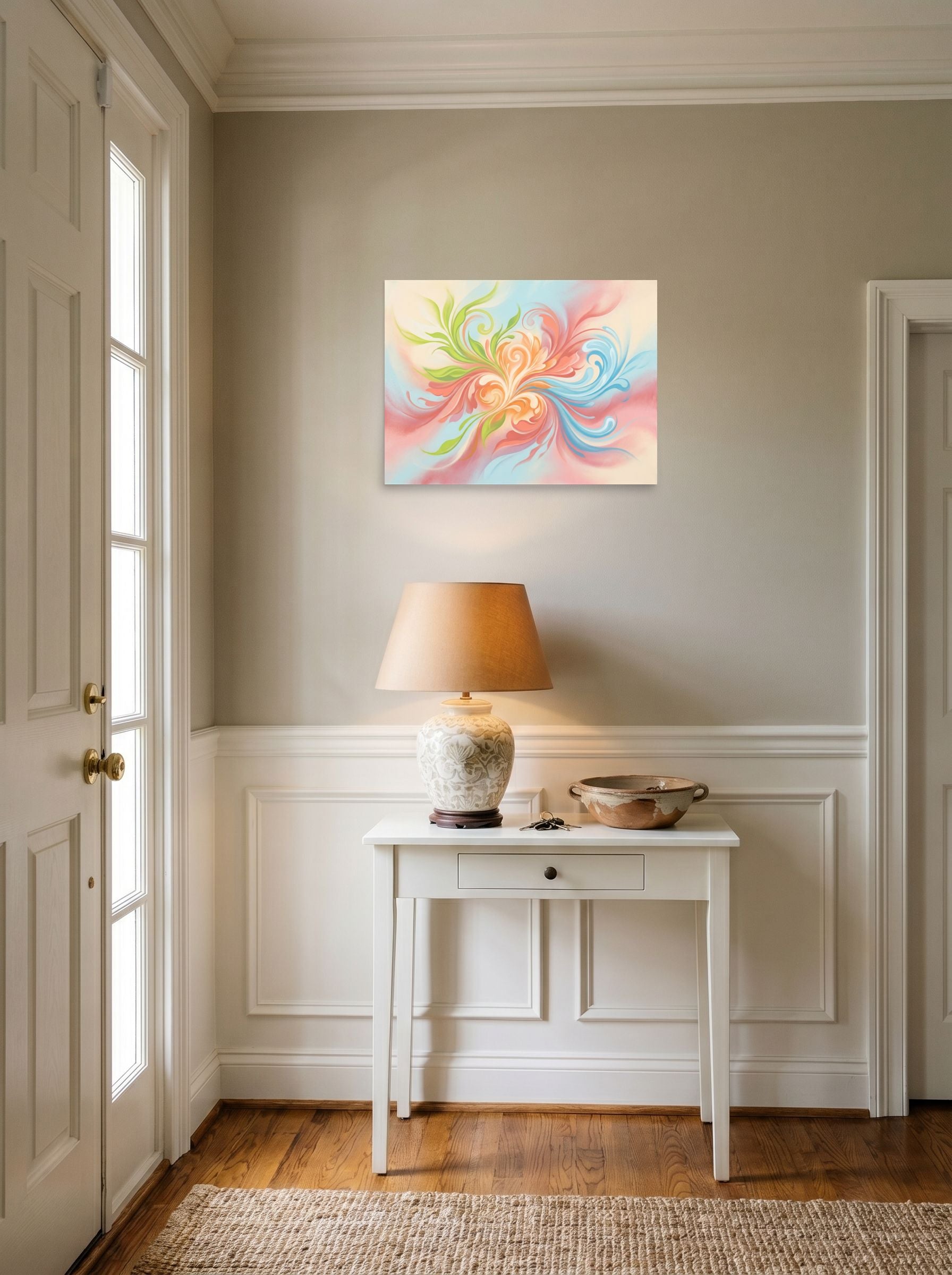 A 24x18 inch unframed paper Abstract art print of 'Whispering Zephyr' hanging in an entryway near a console.