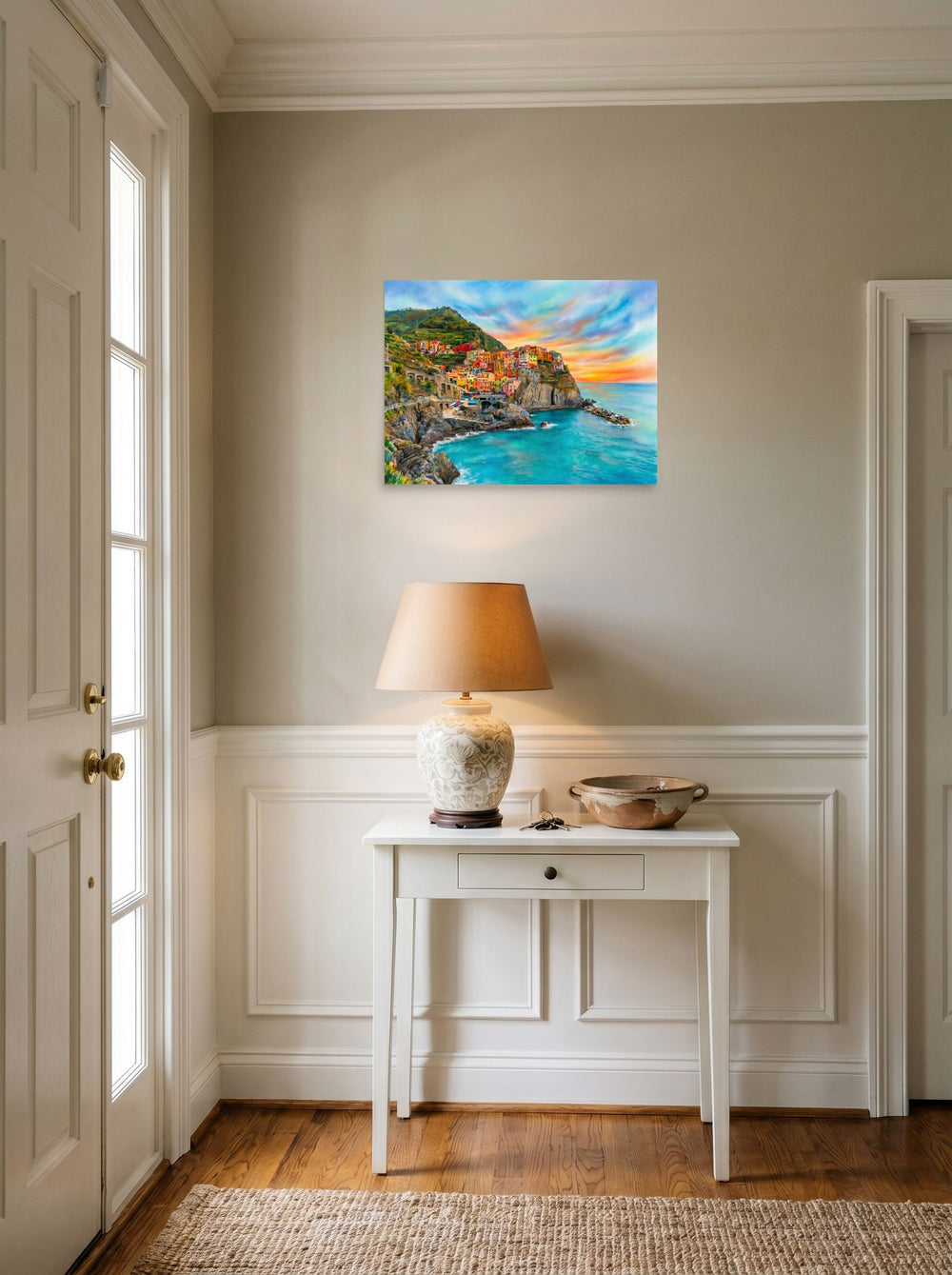 A 24x18 inch unframed paper Realism,Romanticism print of 'Coastal Dreams' hanging in an entryway near a console.