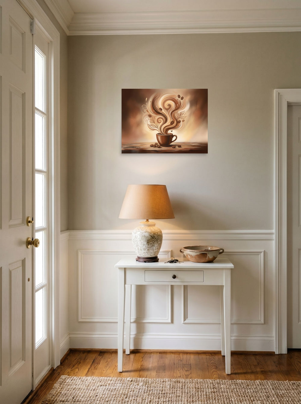 A 24x18 inch unframed paper Modernism print of 'Morning Swirl' hanging in an entryway near a console.