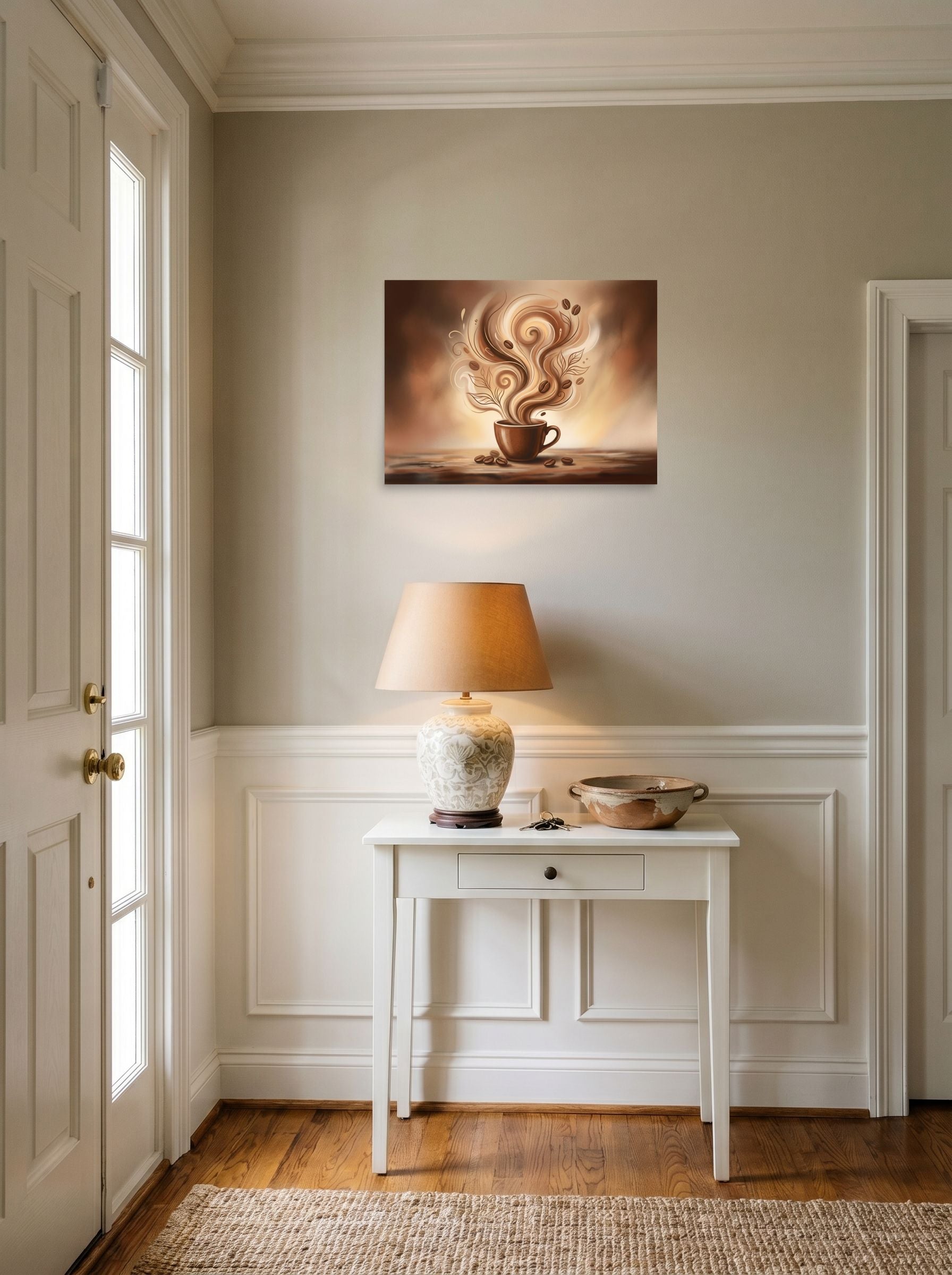 A 24x18 inch unframed paper Modernism print of 'Morning Swirl' hanging in an entryway near a console.