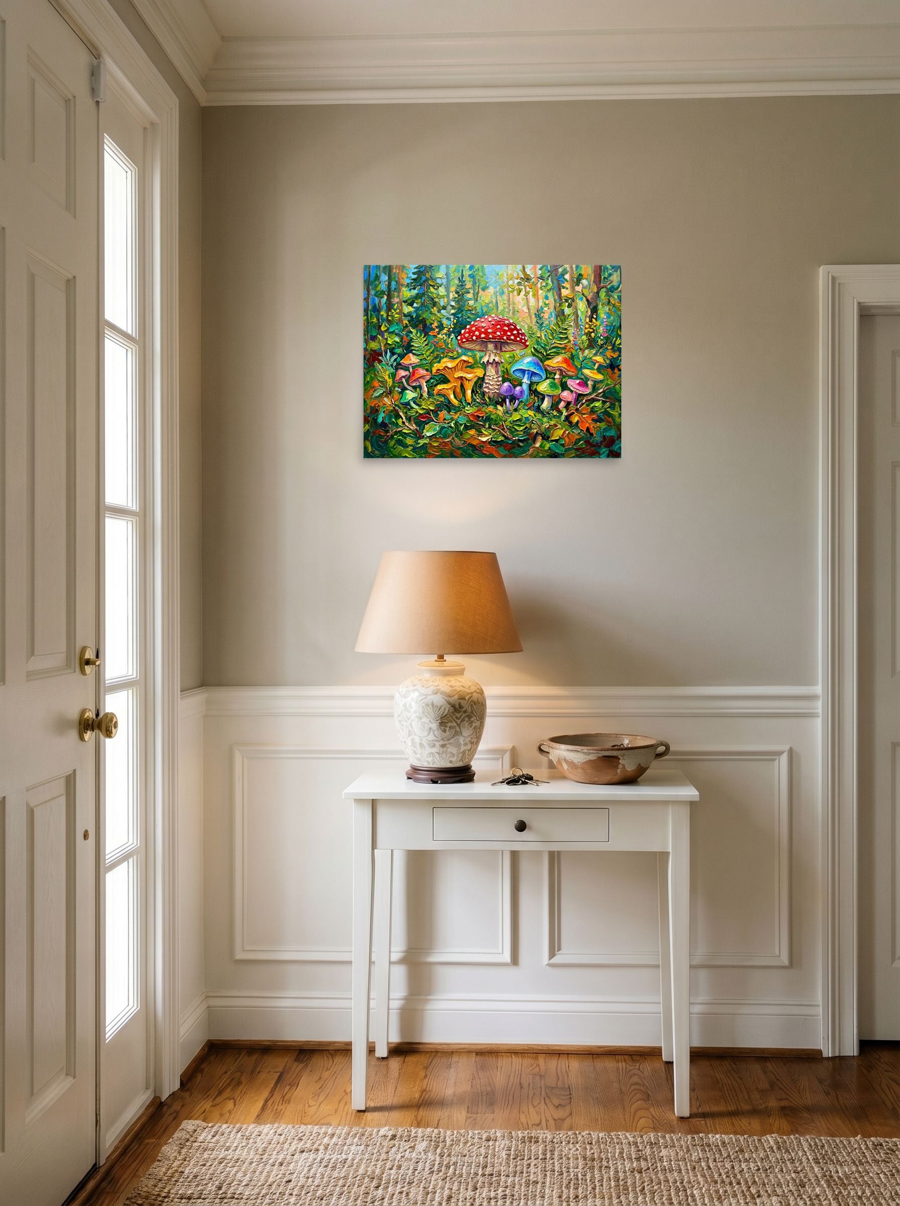 A 24x18 inch unframed paper Fauvism print of 'The Enchanted Grove' hanging in an entryway near a console.