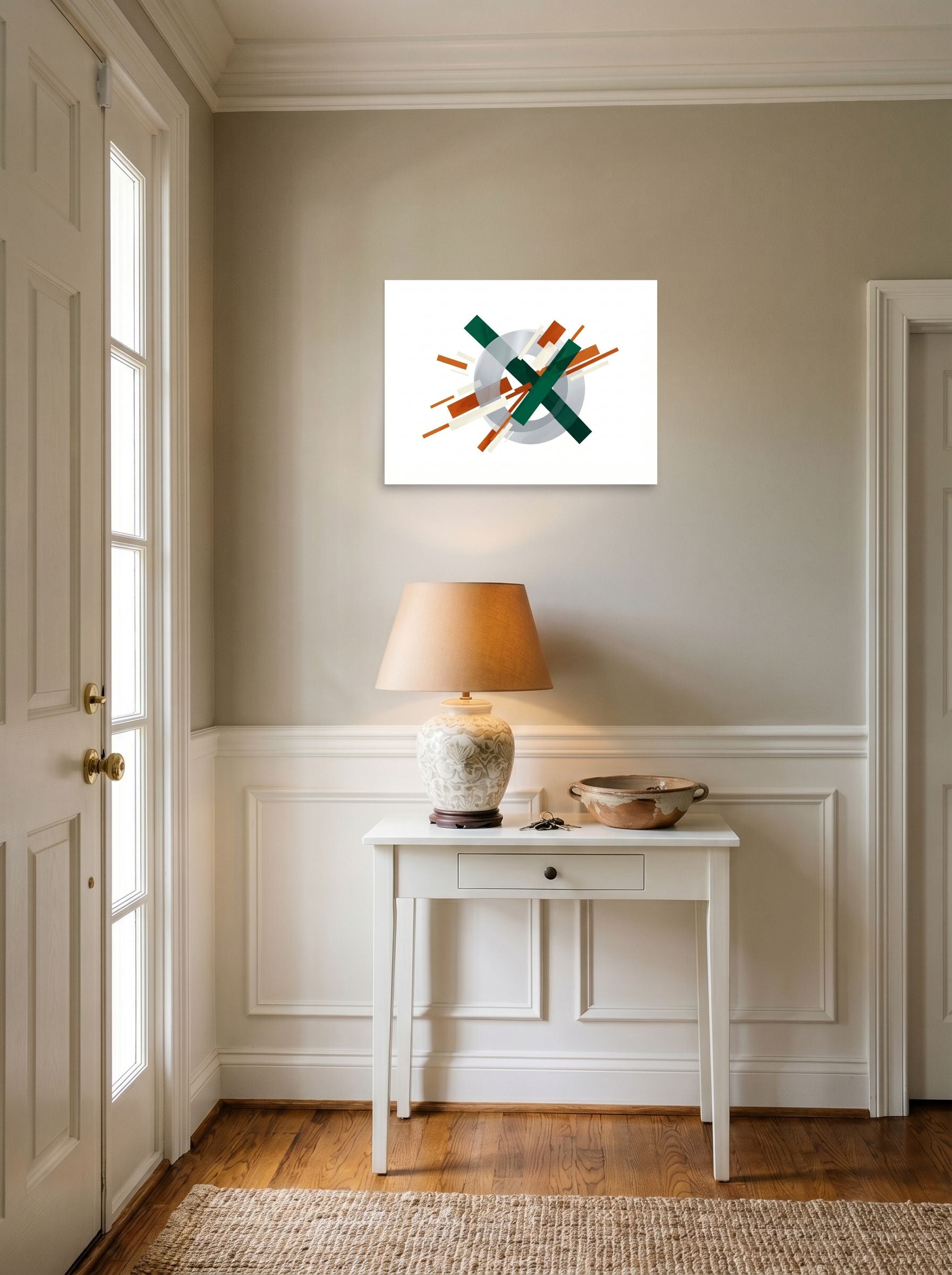 A 24x18 inch unframed paper Suprematism print of 'Intersecting Perspectives' hanging in an entryway near a console.
