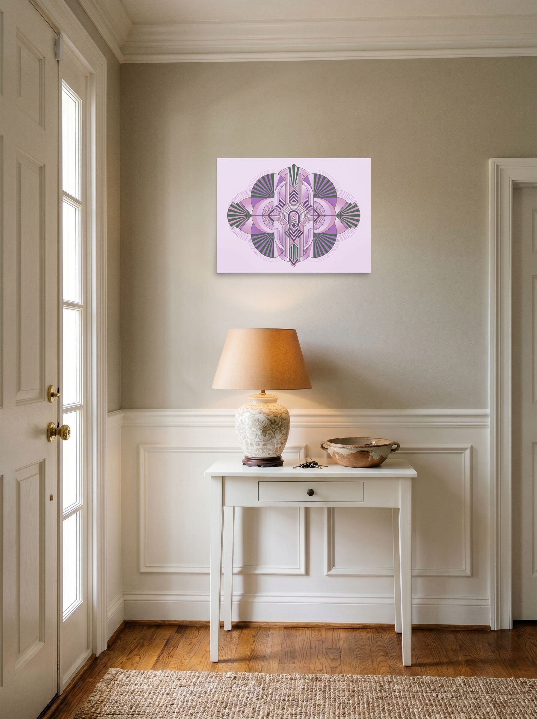 A 24x18 inch unframed paper Art Deco print of 'Lavender Deco Symmetry' hanging in an entryway near a console.