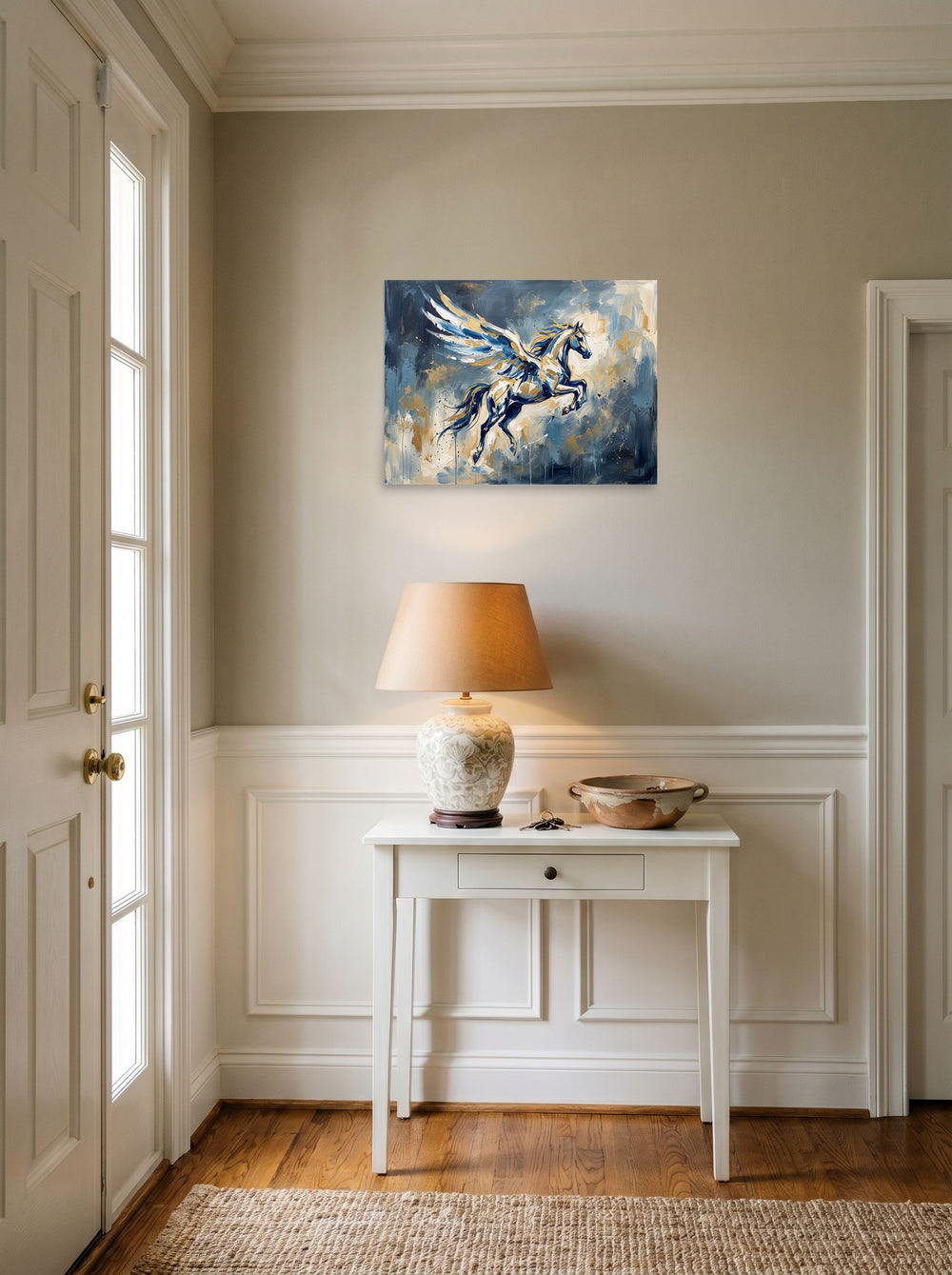 'Flight of Pegasus' in 24x18 inch unframed paper, styled above a console table in an entryway.
