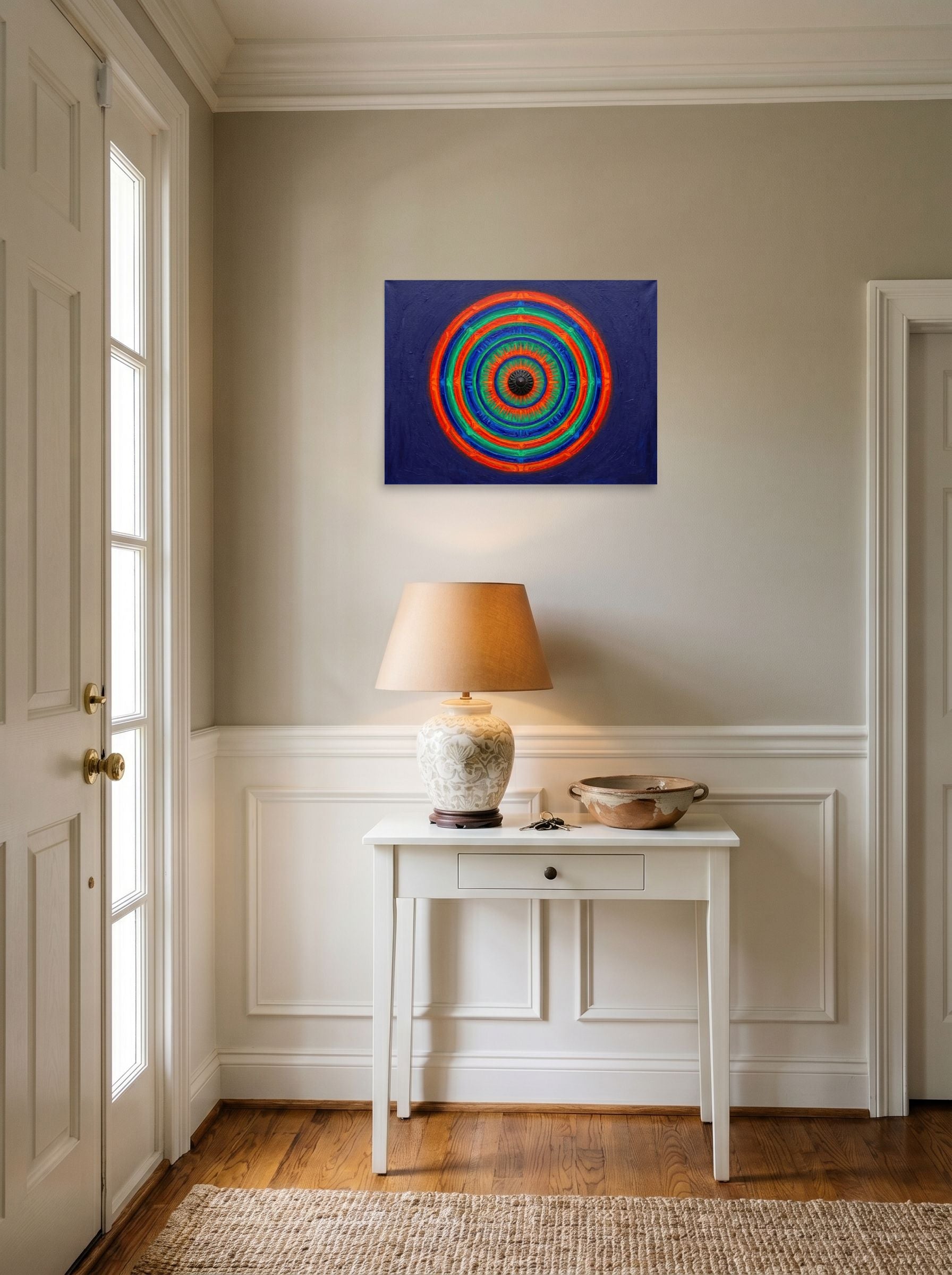 A 24x18 inch unframed paper Op Art print of 'Chromatic Pulse' hanging in an entryway near a console.