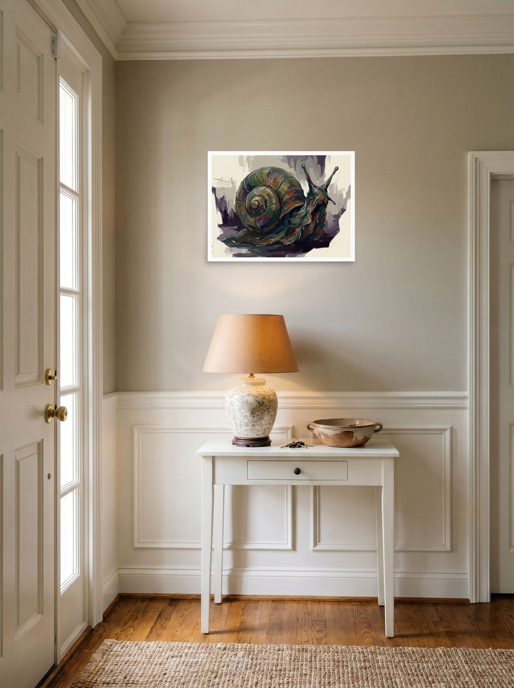 A 24x18 inch unframed paper Expressionism print of 'The Primordial Snail', styled above a console table in an entryway.
