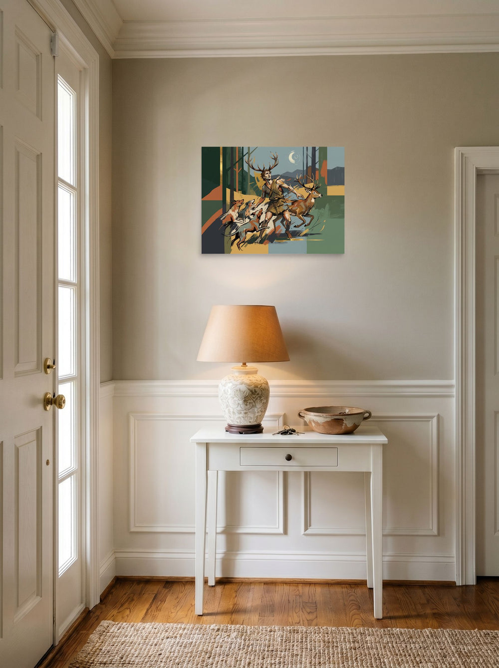 'Actaeon's Fate' hanging in an entryway near a console. A 24x18 inch unframed paper Modernism print.