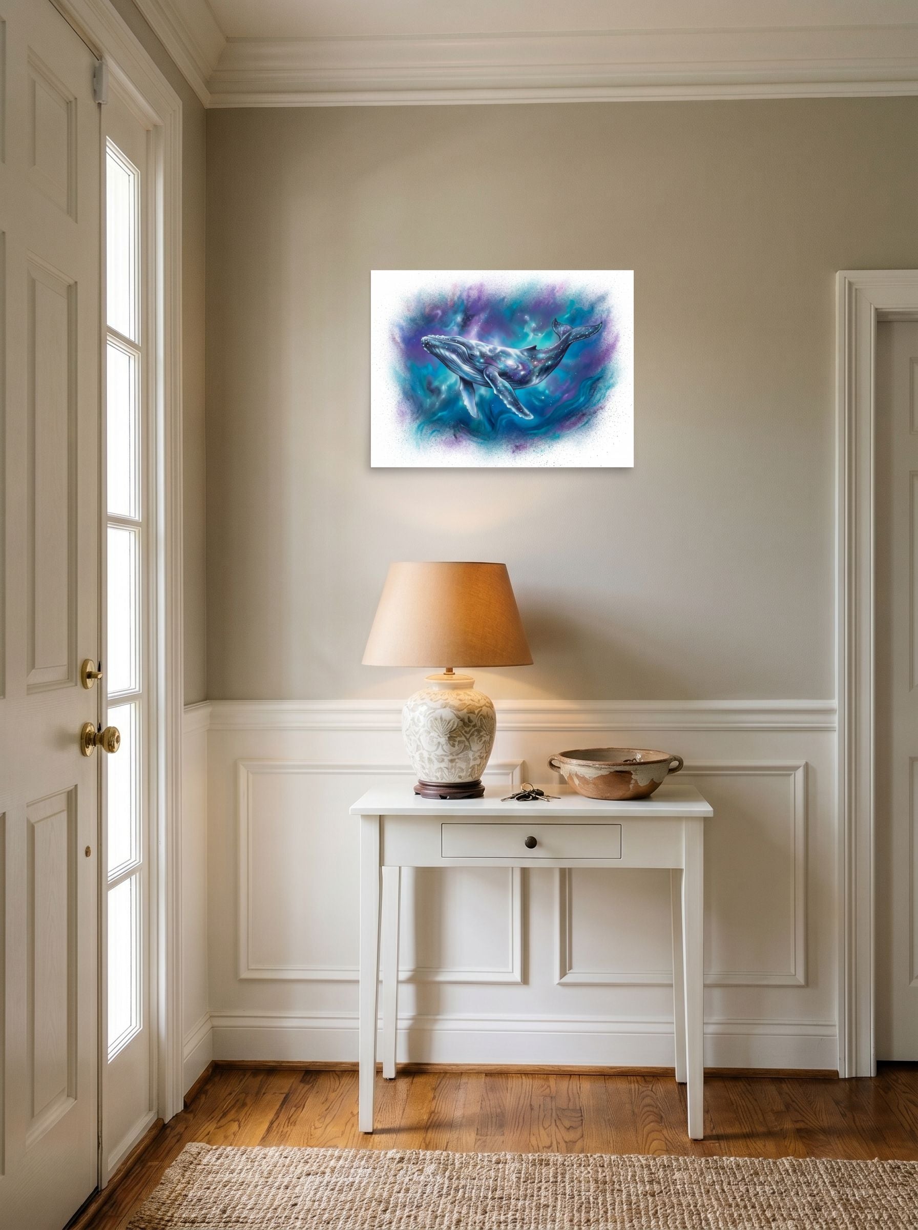 A 24x18 inch unframed paper Fantastic realism print of 'Cosmic Voyager' hanging in an entryway near a console.