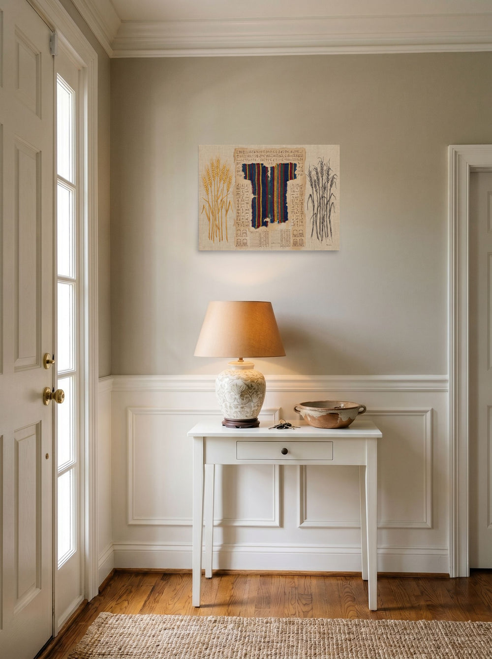 'The Weaver's Ledger', a Folk art print set against a bright entryway wall. Shown as unframed paper, 24x18 inch.