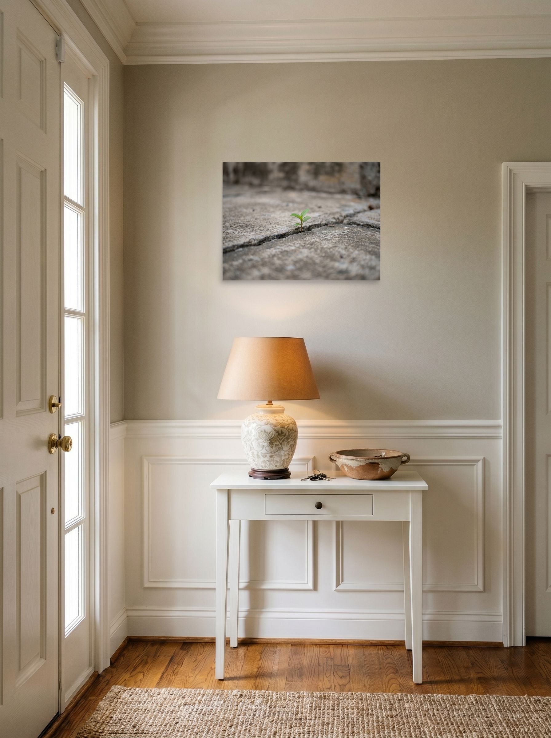 A 24x18 inch unframed paper Art photography print of 'Concrete Resilience' hanging in an entryway near a console.