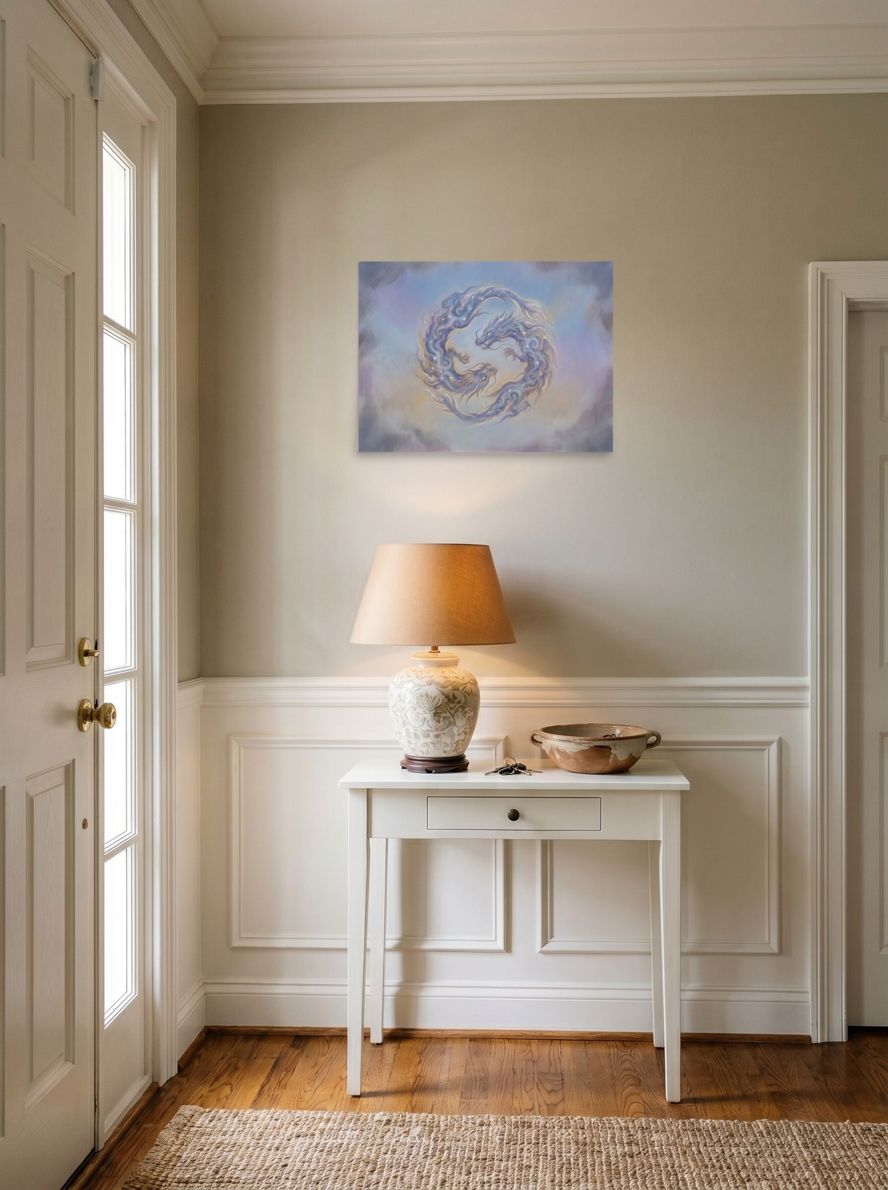 A 24x18 inch unframed paper Surrealism print of 'Celestial Dragons' hanging in an entryway near a console.
