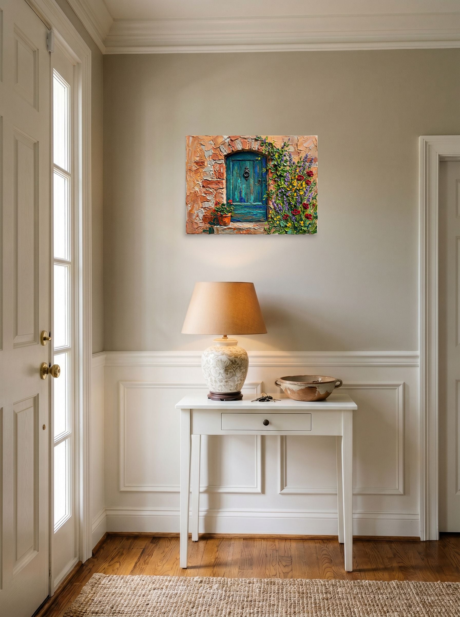 A 24x18 inch unframed paper Impressionism print of 'The Hidden Courtyard Door' hanging in an entryway near a console.