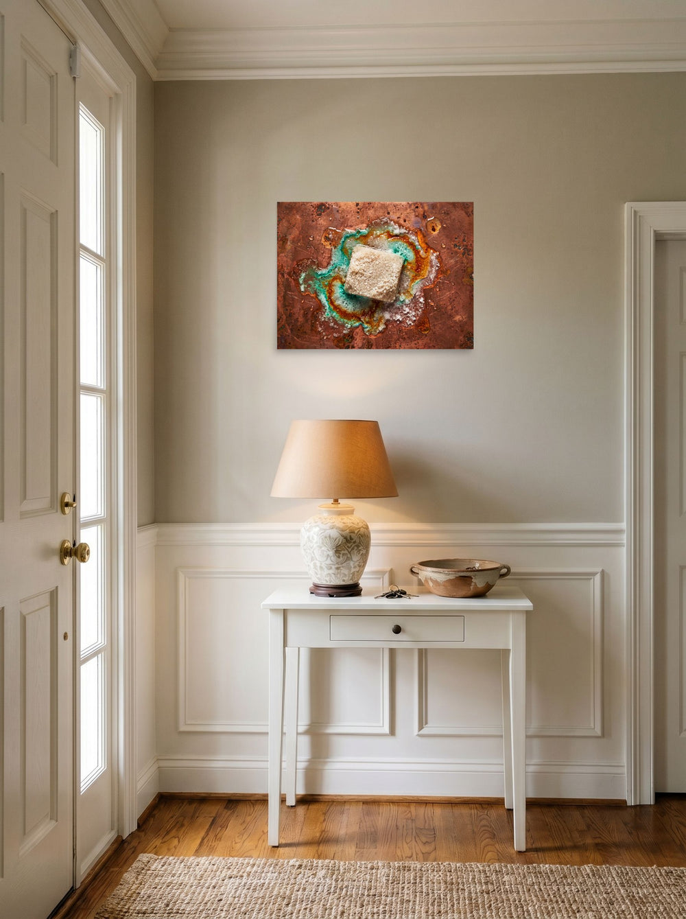 A 24x18 inch unframed paper Art photography print of 'Alchemy of Verdigris' hanging in an entryway near a console.