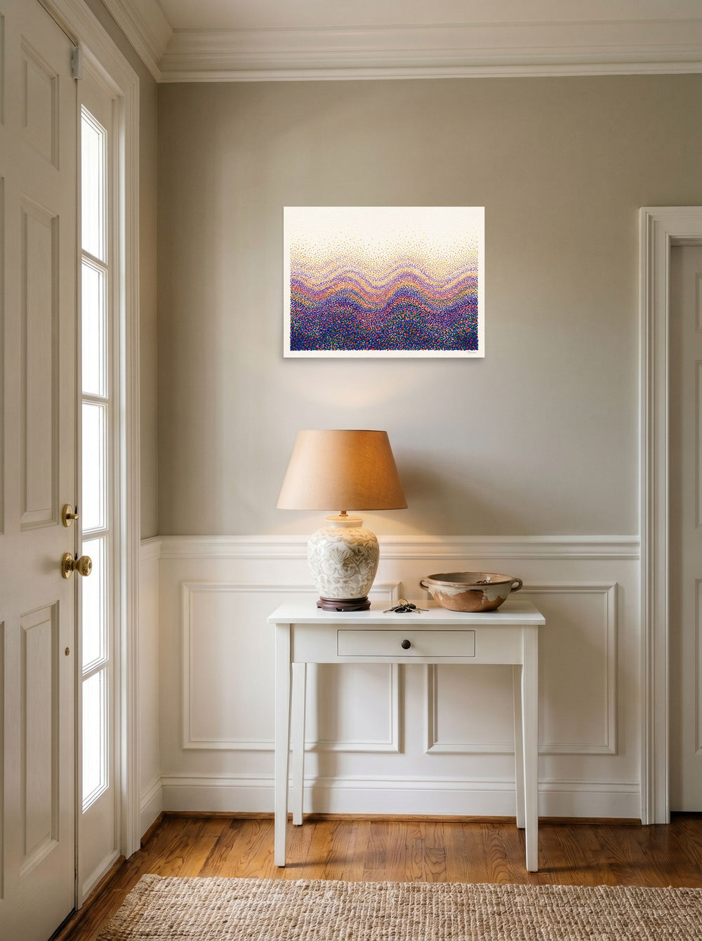 'Spectral Ridges' in 24x18 inch unframed paper, hanging in an entryway near a console.