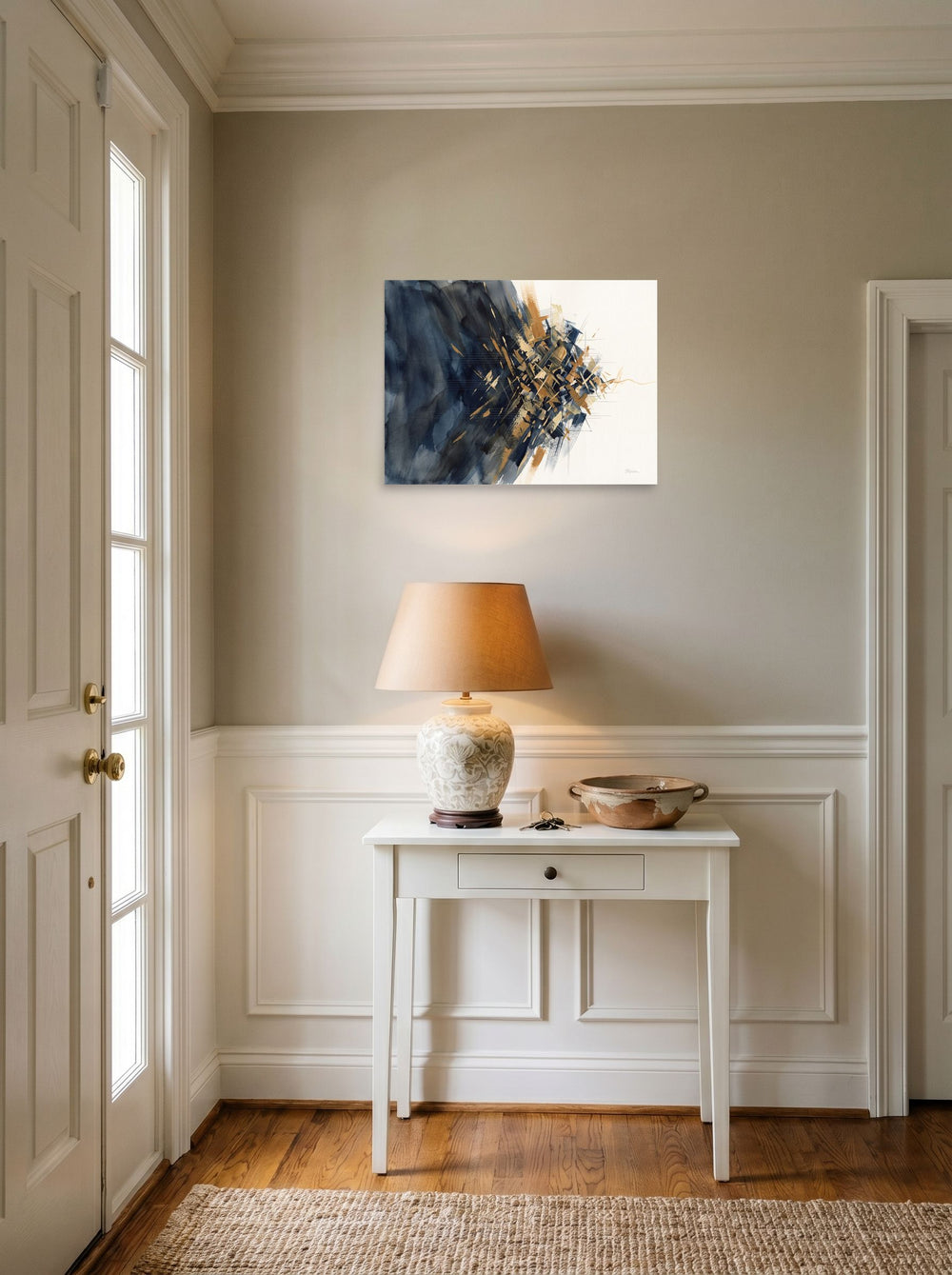 unframed paper wall art 'Mineral Rift' hanging in an entryway near a console, at 24x18 inch.