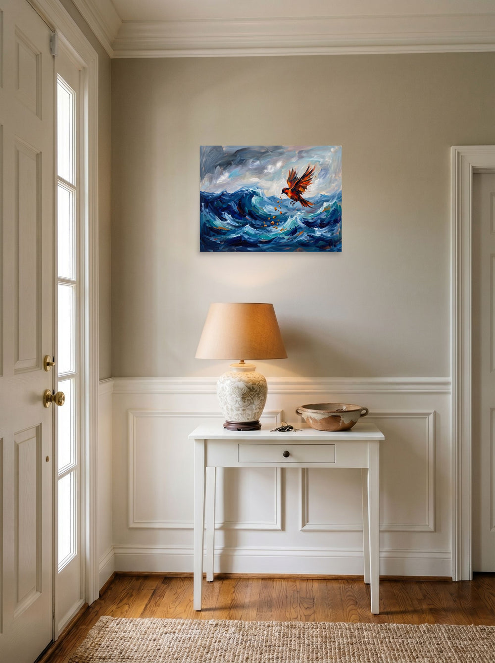 The Expressionism print 'Jingwei Fills the Sea', 24x18 inch unframed paper, styled above a console table in an entryway.
