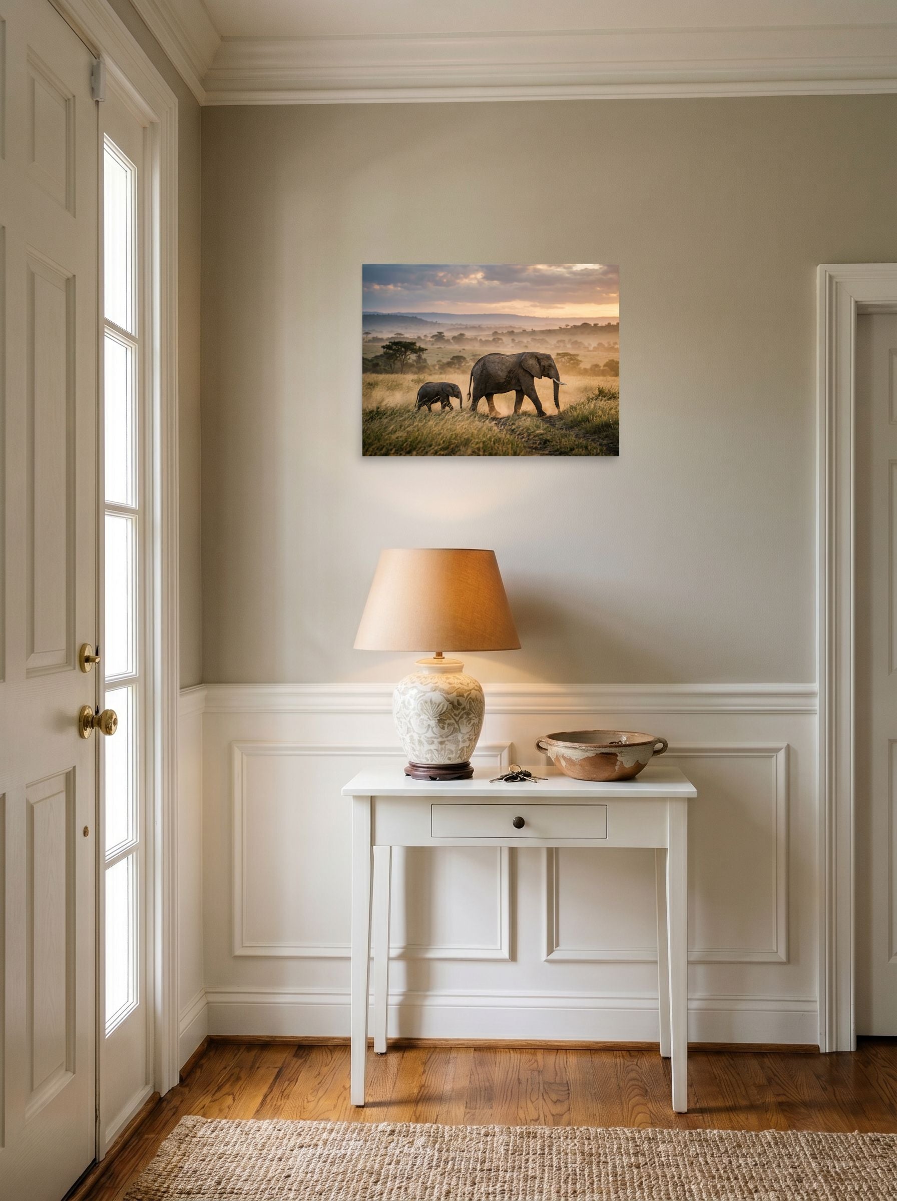 A 24x18 inch unframed paper Art photography print of 'Savannah Stroll' hanging in an entryway near a console.