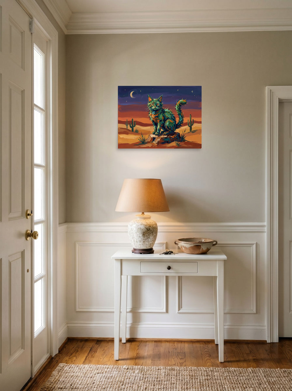 unframed paper wall art 'The Cactus Cat' set against a bright entryway wall, at 24x18 inch.