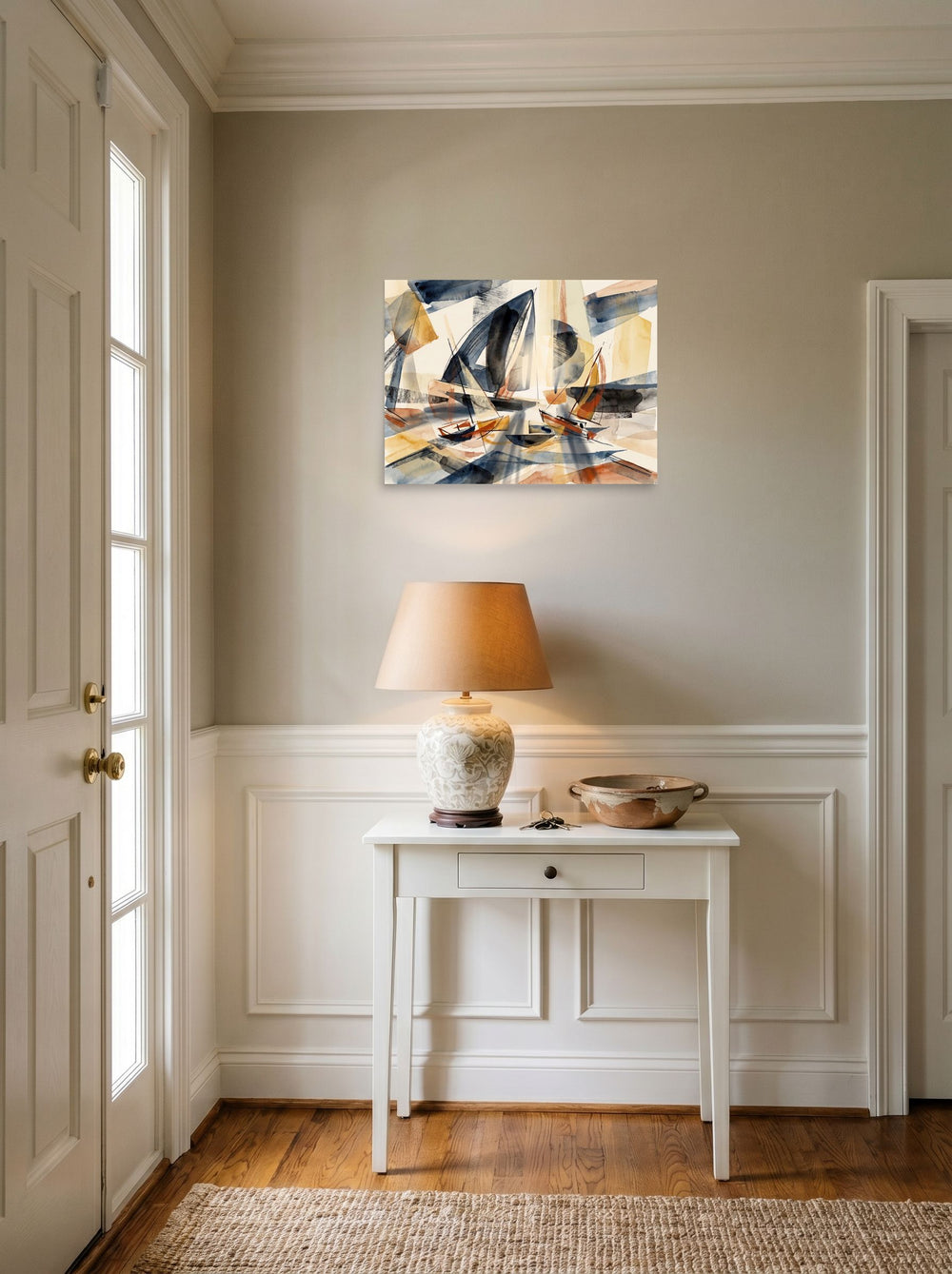 'Harbor Washes', a Dau-al-Set print set against a bright entryway wall. Shown as unframed paper, 24x18 inch.