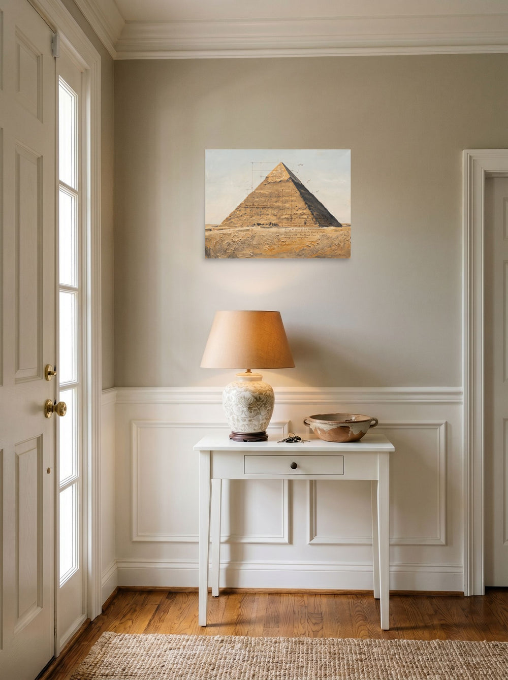 See 'Pyramid Survey Study' as a unframed paper print (24x18 inch), set against a bright entryway wall.