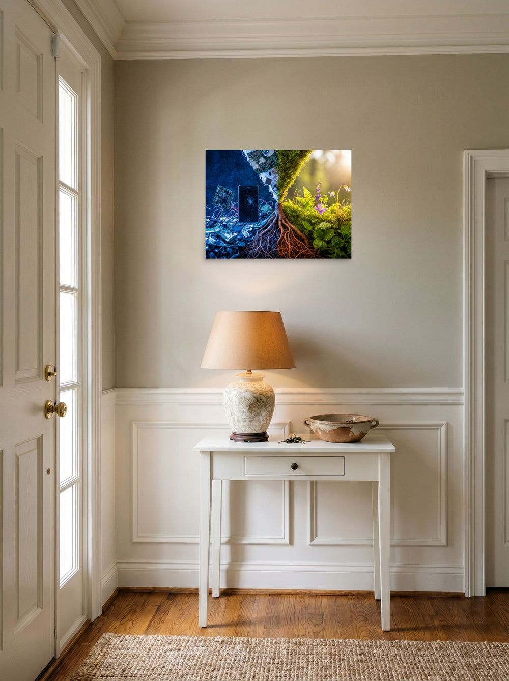 A 24x18 inch unframed paper Surrealism print of 'E-Waste Nature' hanging in an entryway near a console.
