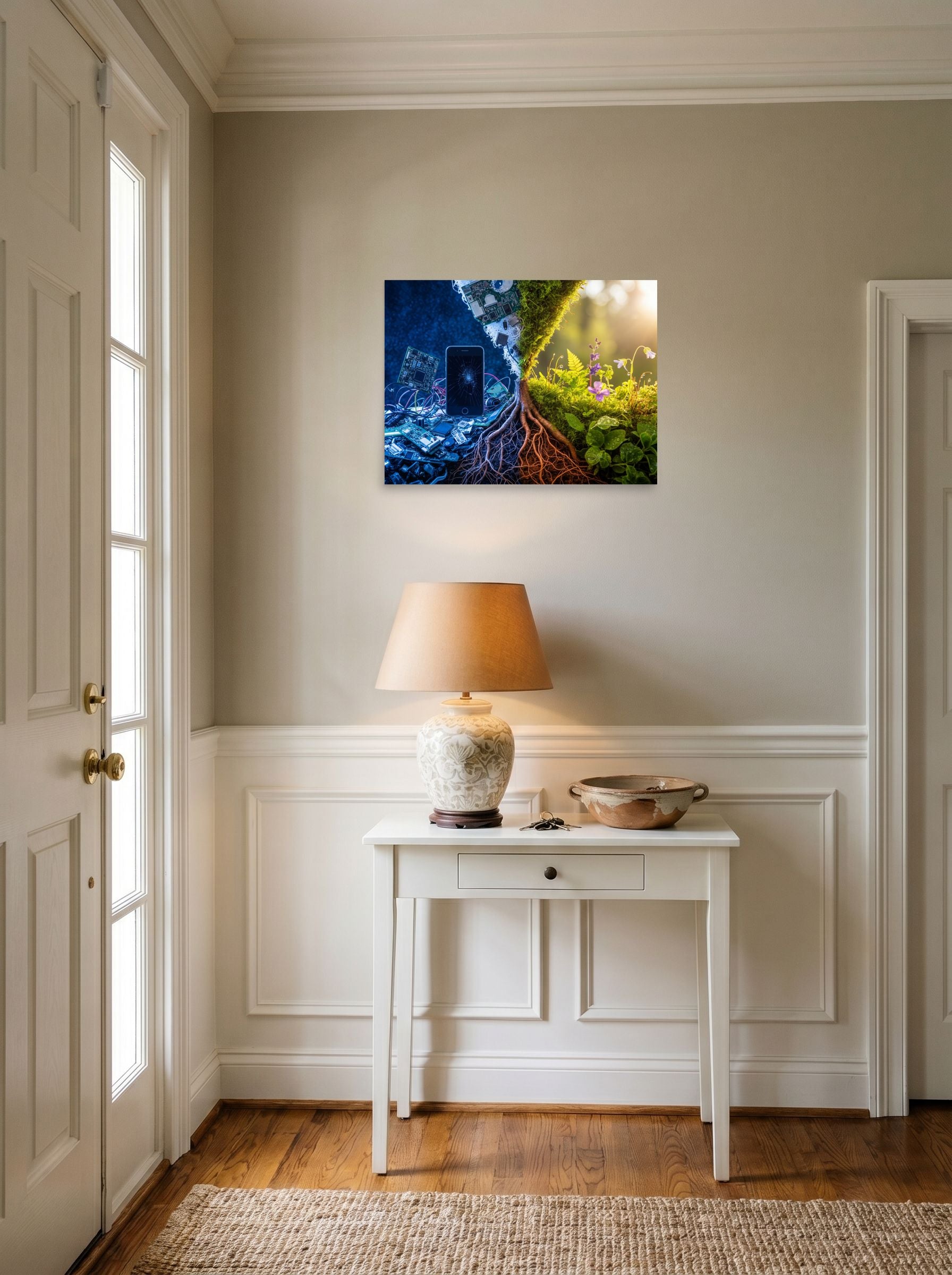 A 24x18 inch unframed paper Surrealism print of 'E-Waste Nature' hanging in an entryway near a console.