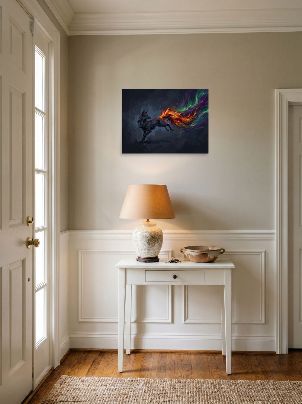 A unframed paper print of the Expressionism artwork 'The Spirit Fox', hanging in an entryway near a console.