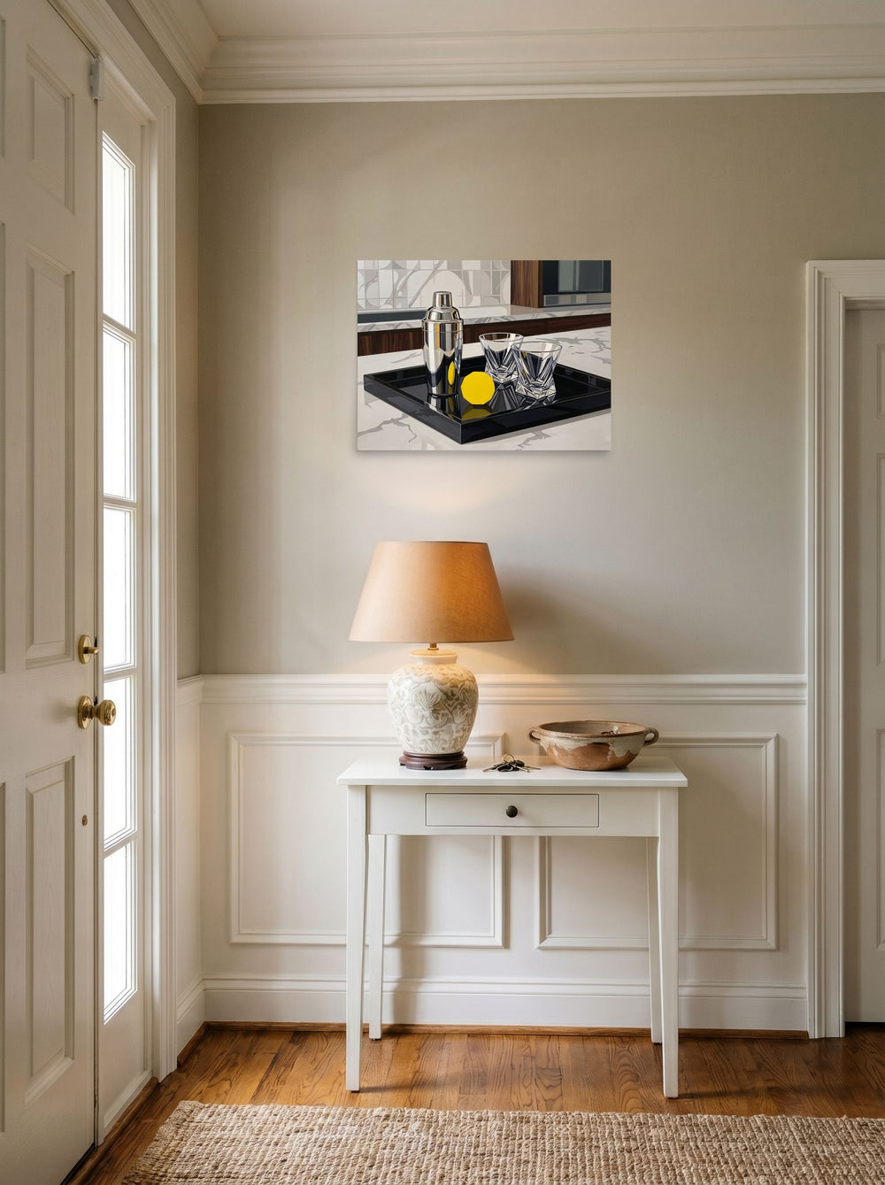 A 24x18 inch unframed paper Art Deco print of 'The Evening Cocktail' hanging in an entryway near a console.