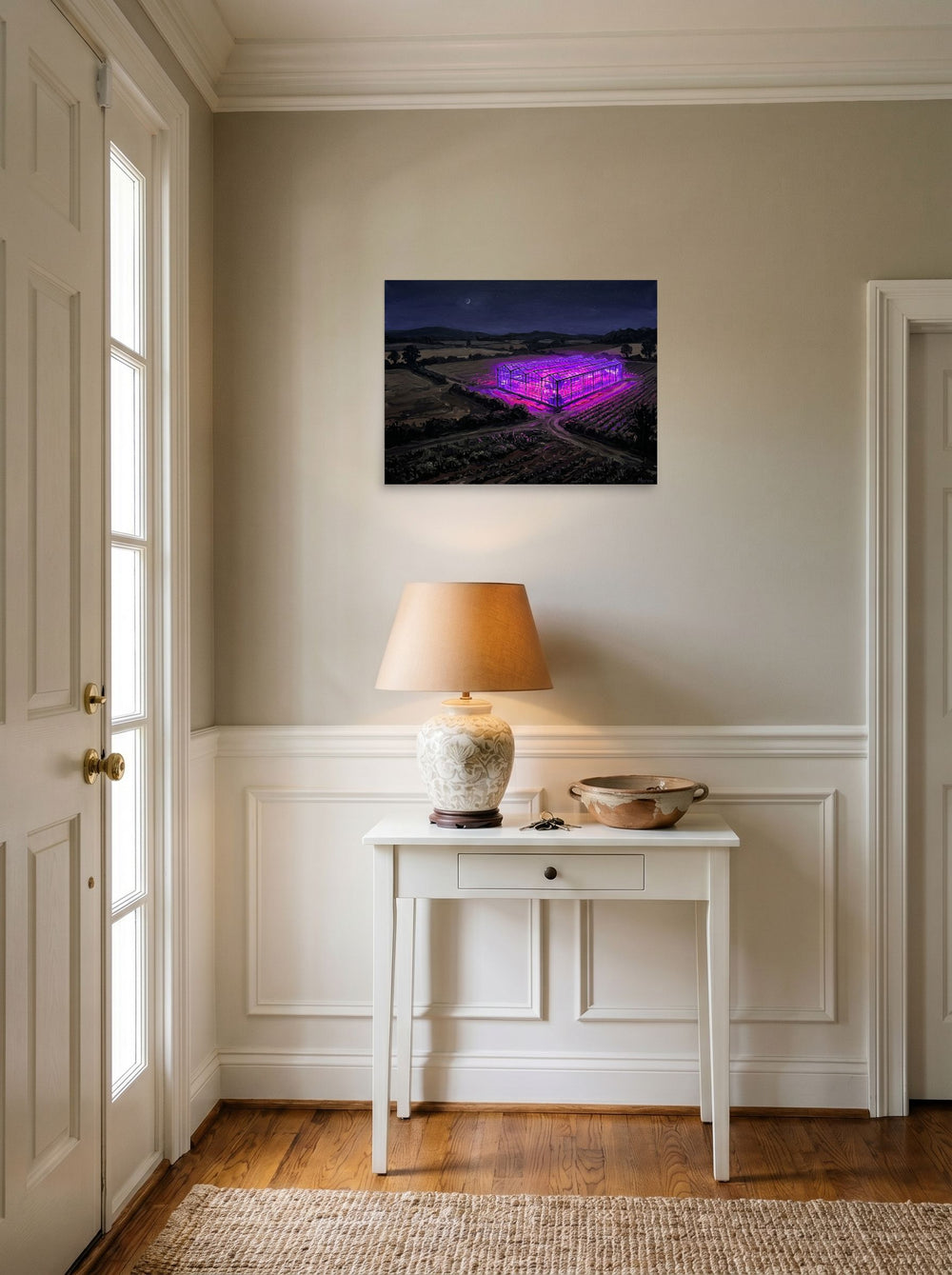 A 24x18 inch unframed paper Magic realism,Impressionism print of 'Midnight Purple Harvest' hanging in an entryway near a console.