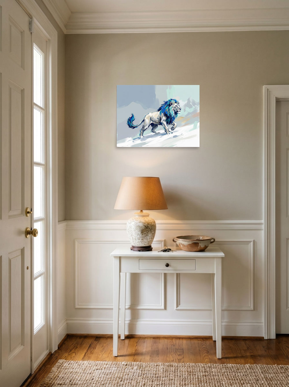 'Frost Guardian Lion', a Expressionism print styled above a console table in an entryway. Shown as unframed paper, 24x18 inch.