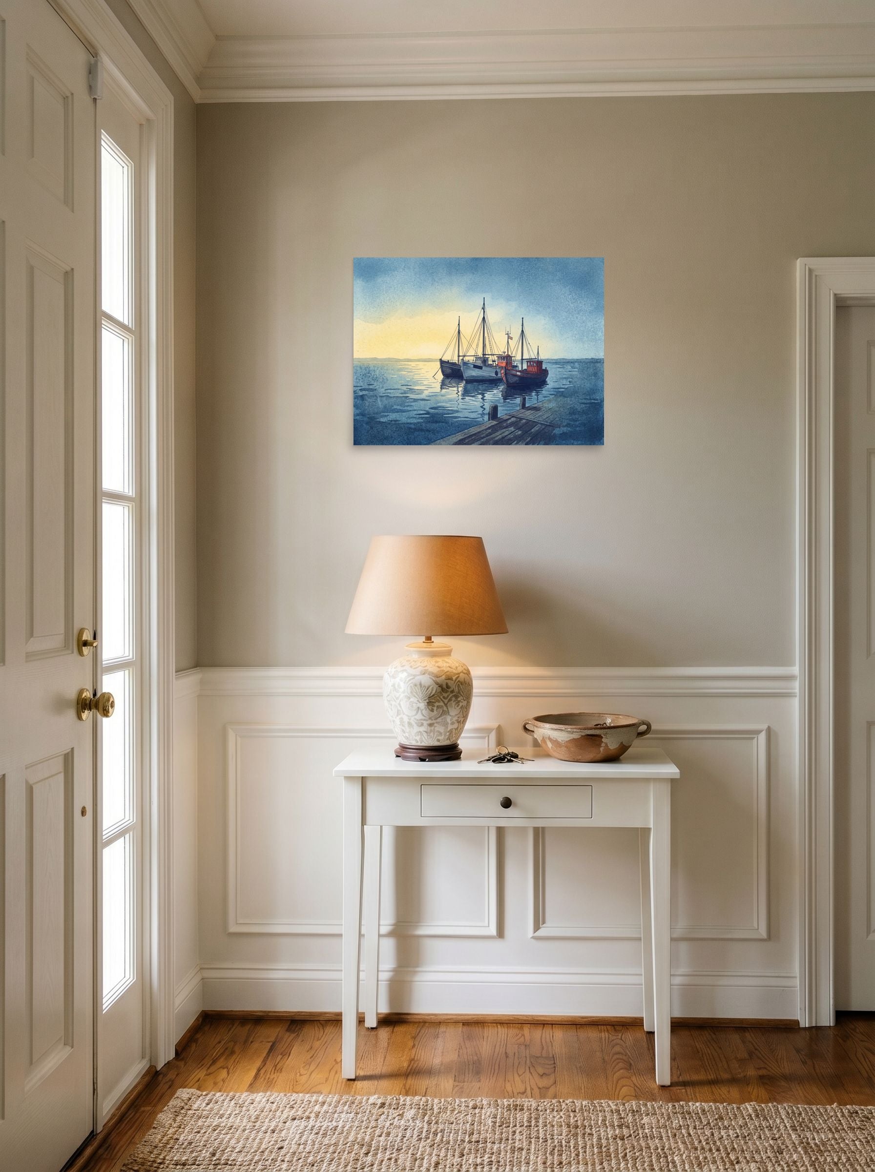 A 24x18 inch unframed paper Impressionism print of 'Harbor Rest' hanging in an entryway near a console.
