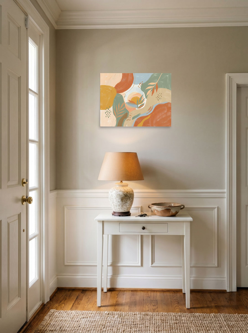A 24x18 inch unframed paper Abstract expressionism,Minimalism print of 'Painted Sunset Oasis' hanging in an entryway near a console.