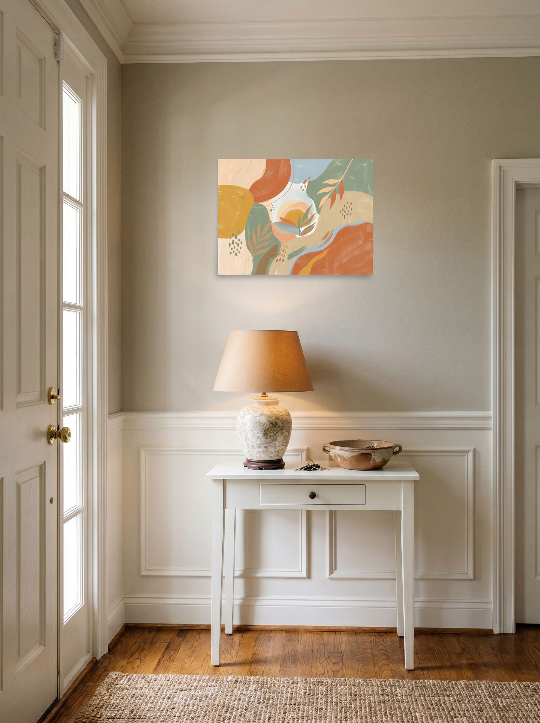 A 24x18 inch unframed paper Abstract expressionism,Minimalism print of 'Painted Sunset Oasis' hanging in an entryway near a console.