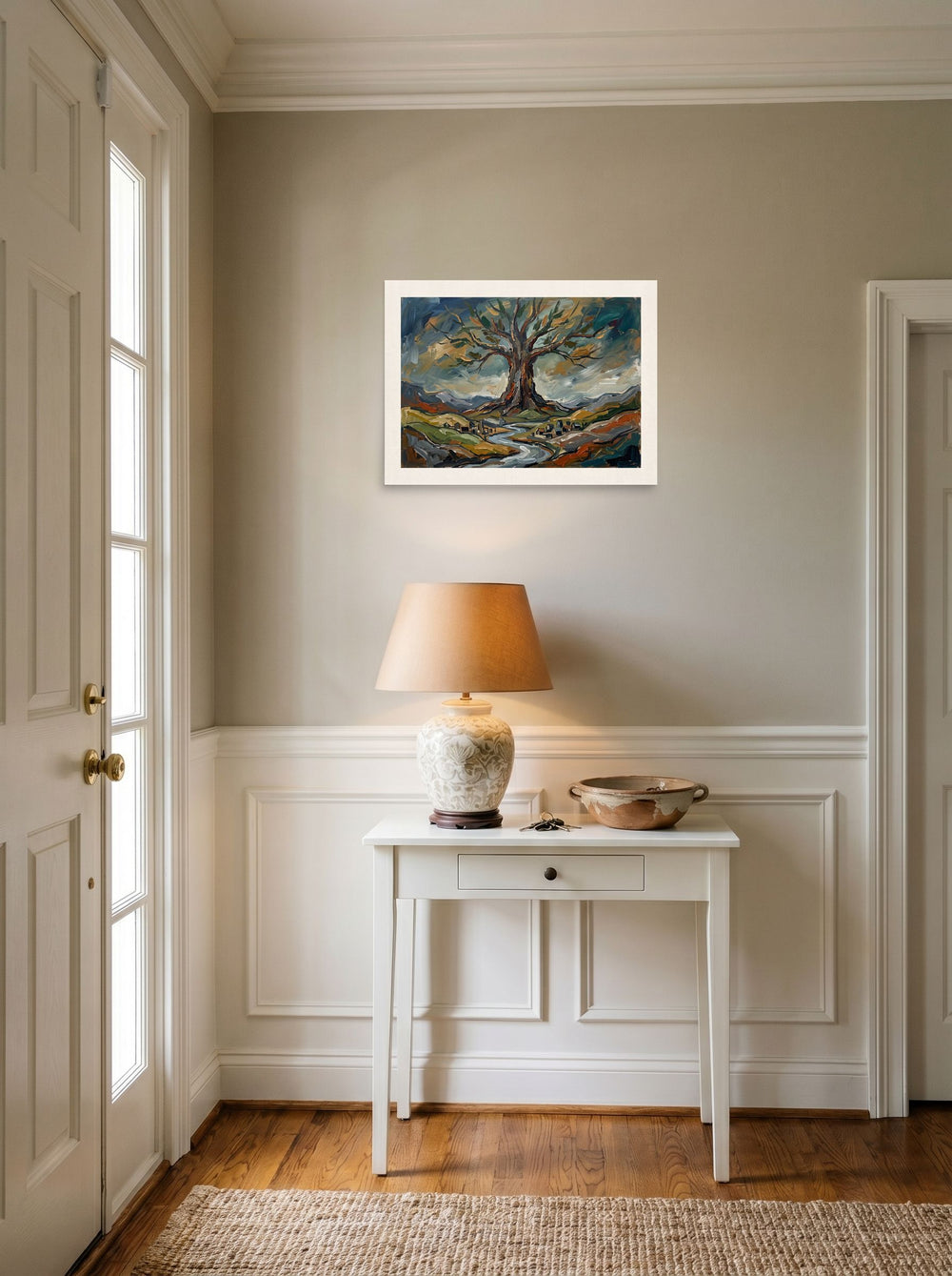 unframed paper wall art 'Roots of Yggdrasil' styled above a console table in an entryway, at 24x18 inch.