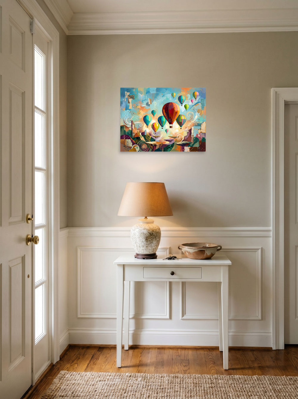 'Skyward Reverie' as a unframed paper print, 24x18 inch, styled above a console table in an entryway.
