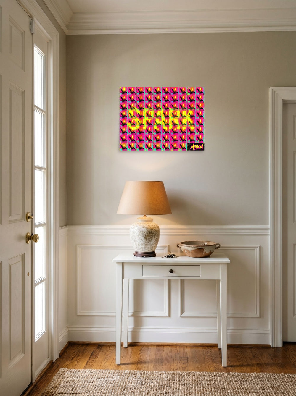 A 24x18 inch unframed paper Pop art print of 'Magenta Spark Grid' hanging in an entryway near a console.