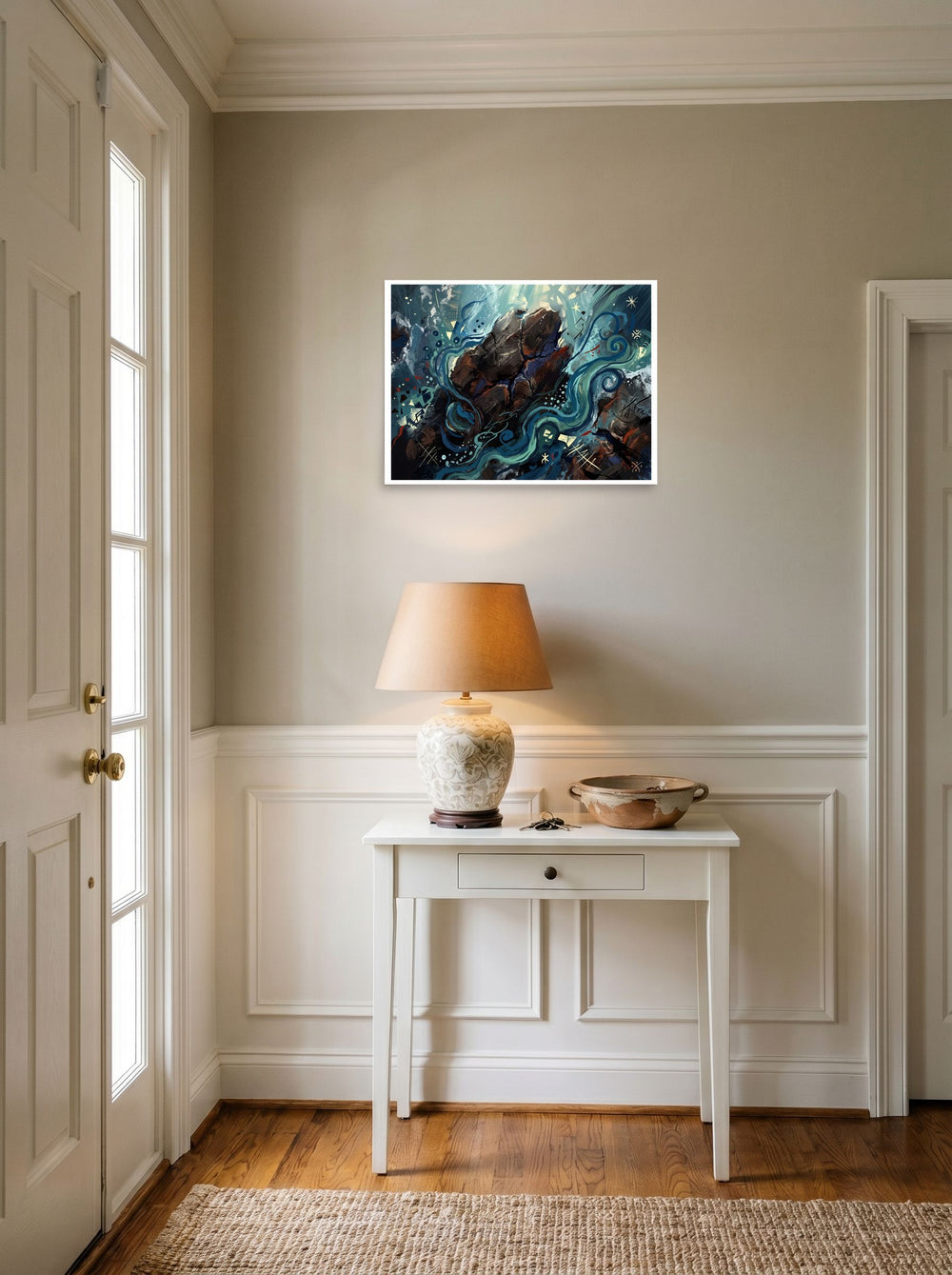 Abstract expressionism wall art 'Eternal Currents', unframed paper at 24x18 inch, styled above a console table in an entryway.