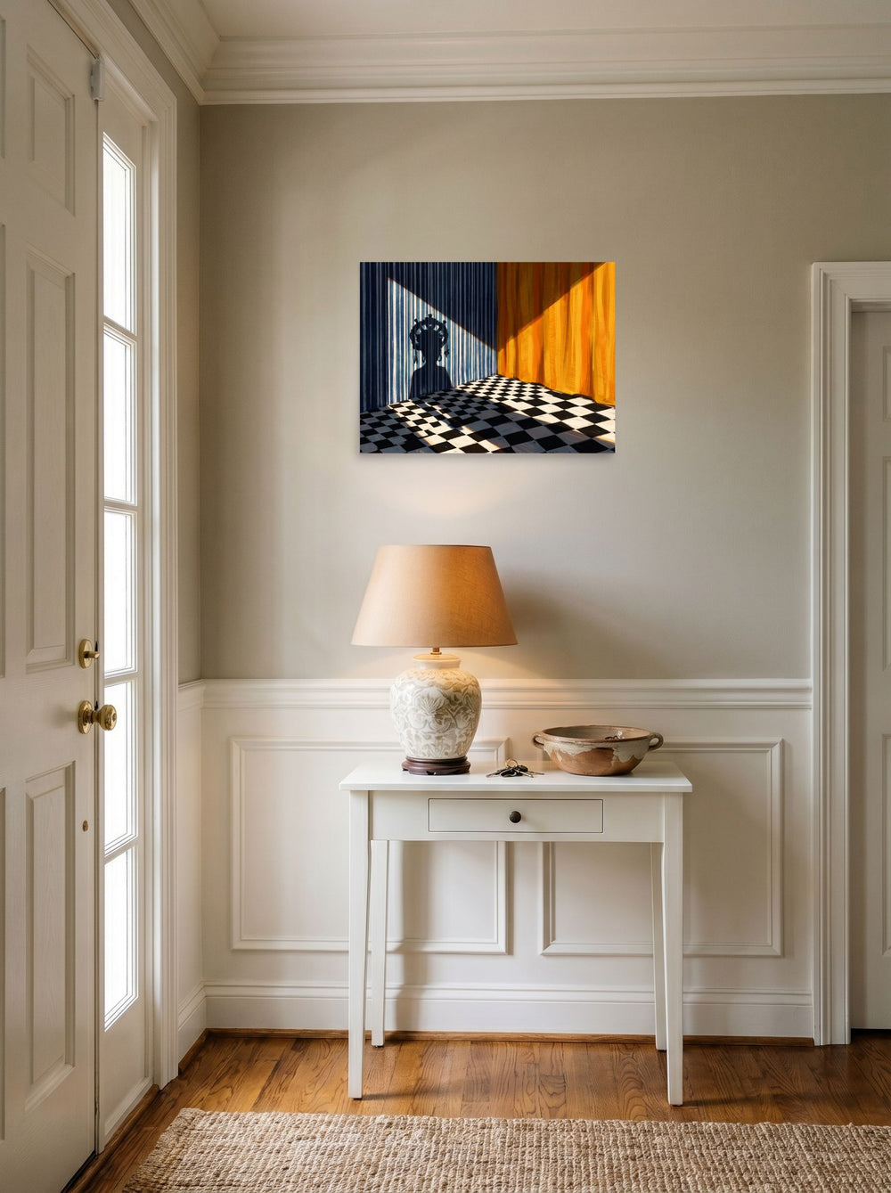 A 24x18 inch unframed paper Surrealism,Magic realism print of 'Crowned Silhouette' hanging in an entryway near a console.