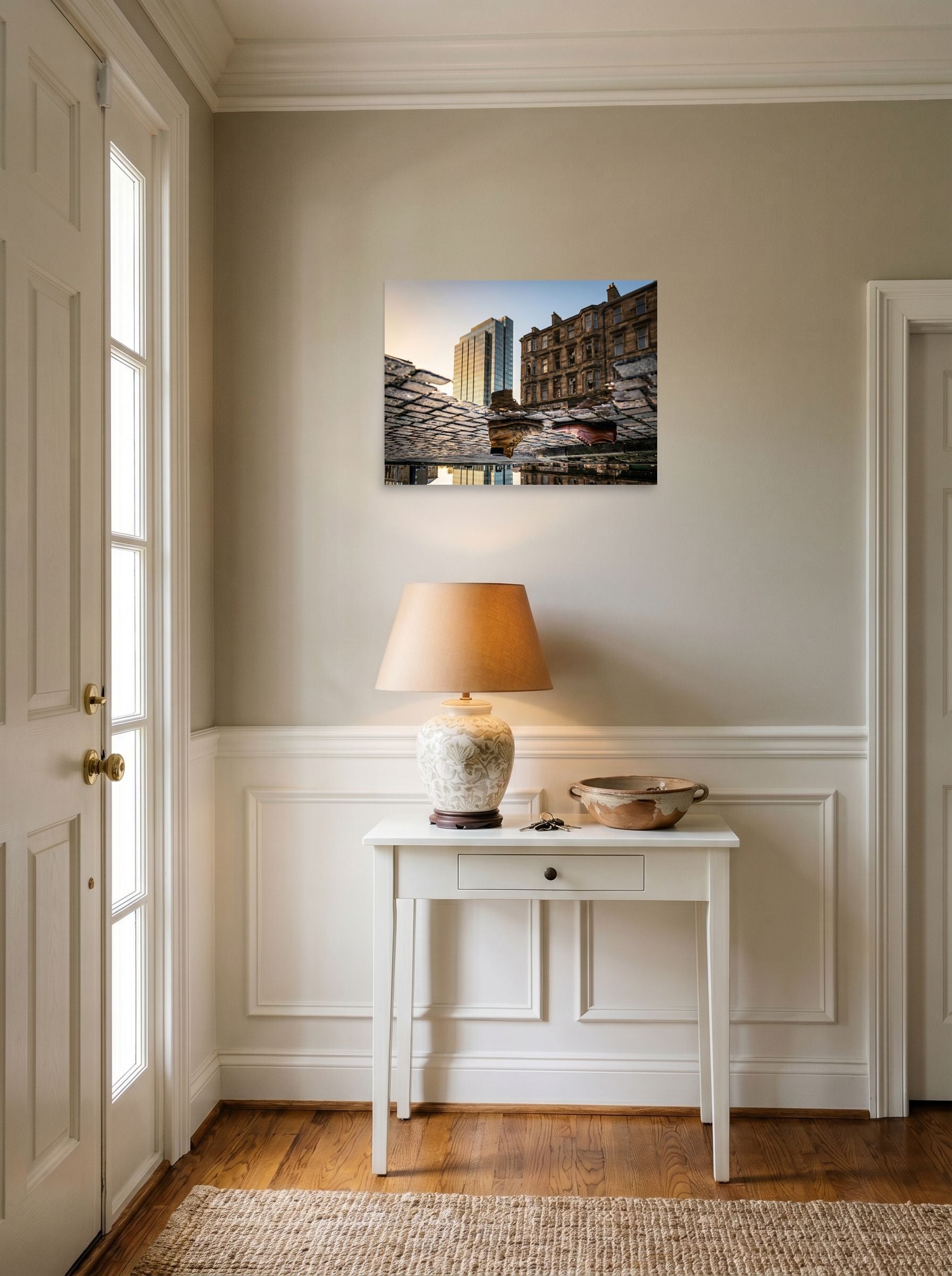 A 24x18 inch unframed paper Art photography print of 'Steps Through Time' hanging in an entryway near a console.