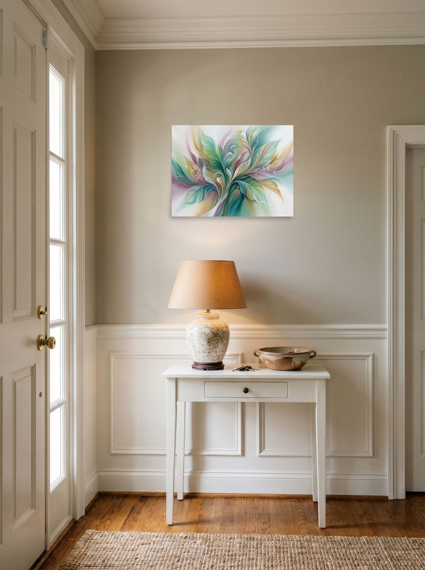 A 24x18 inch unframed paper Surrealism print of 'Emerald Sanctuary' hanging in an entryway near a console.